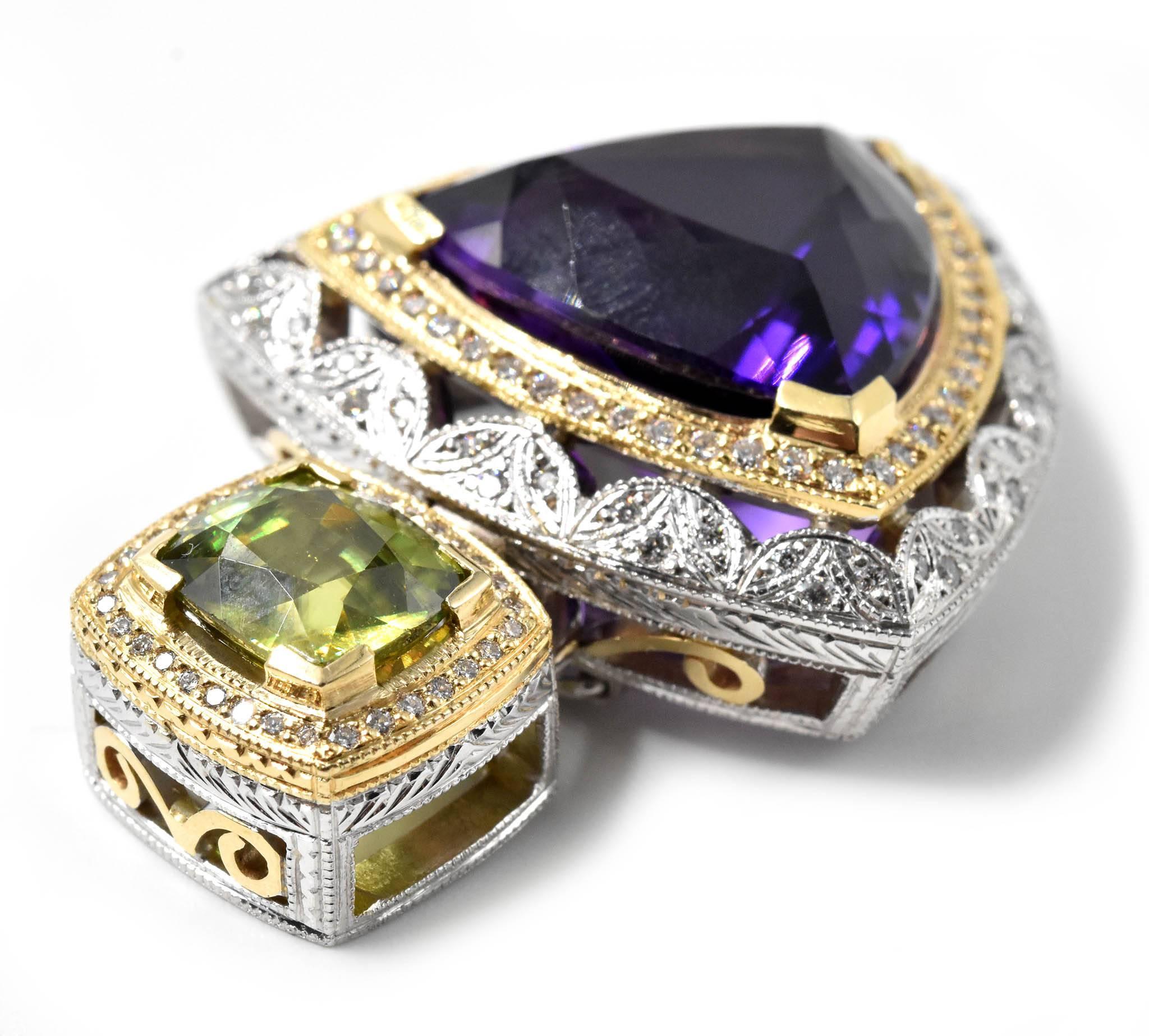 Diamond, Sphene and Amethyst Pendant 14 Karat Two-Tone Gold In Excellent Condition In Scottsdale, AZ