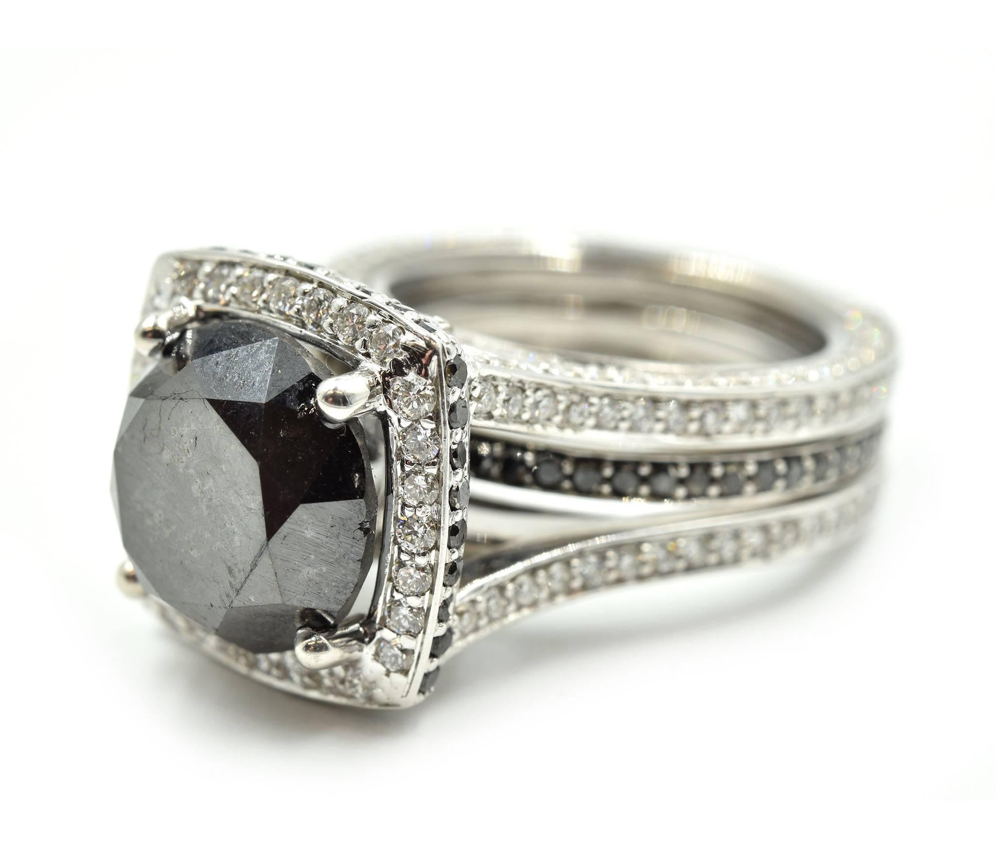 Round Cut 6.00 Carat Round Brilliant Black Diamond with Diamond Mounting Engagement Ring