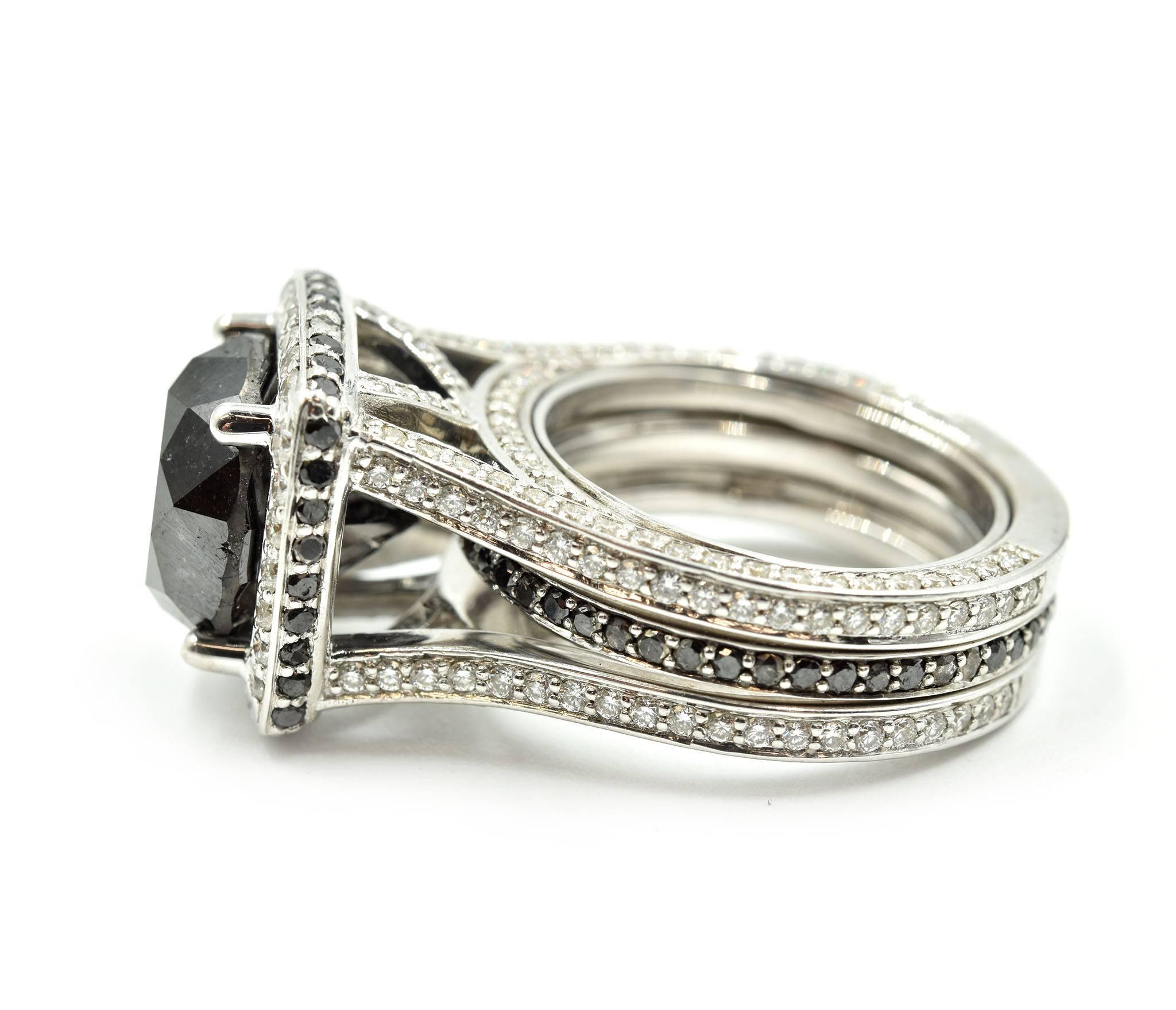 6.00 Carat Round Brilliant Black Diamond with Diamond Mounting Engagement Ring In Excellent Condition In Scottsdale, AZ