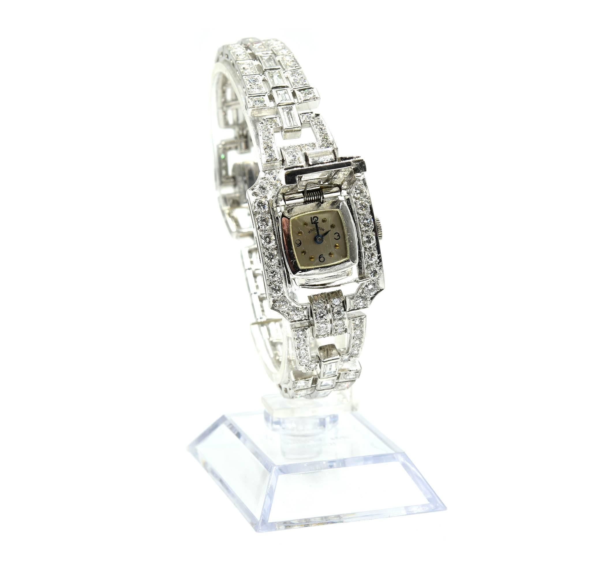 Baguette Cut Hamilton Platinum Round and Baguette Diamond Vintage manual Wristwatch
