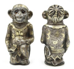 Antique Sterling Silver Monkey Shakers in Gilded Asian Costume by Edward Charles