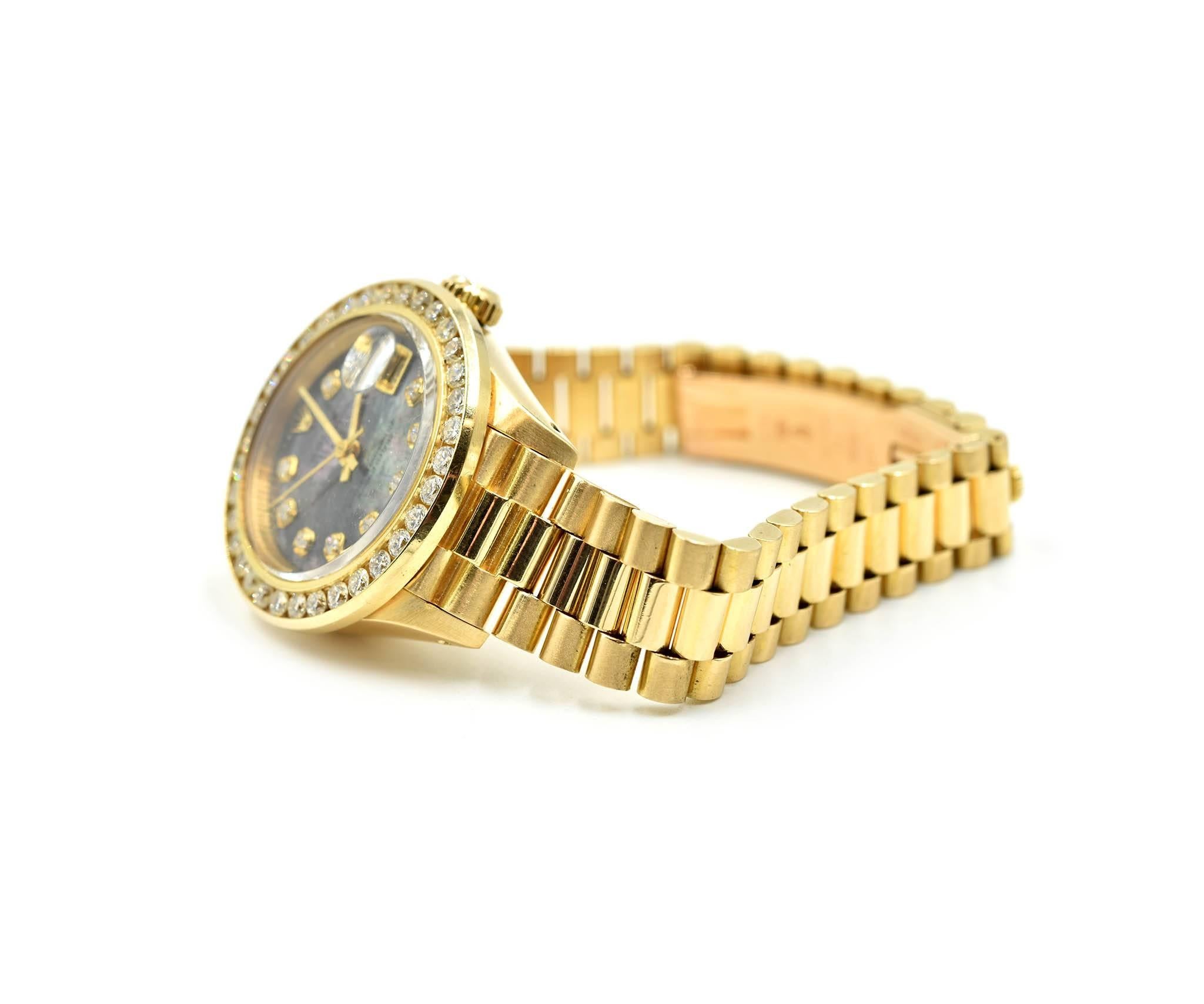 Women's Rolex Ladies Yellow Gold Diamond Mother-of-Pearl President Automatic Wristwatch