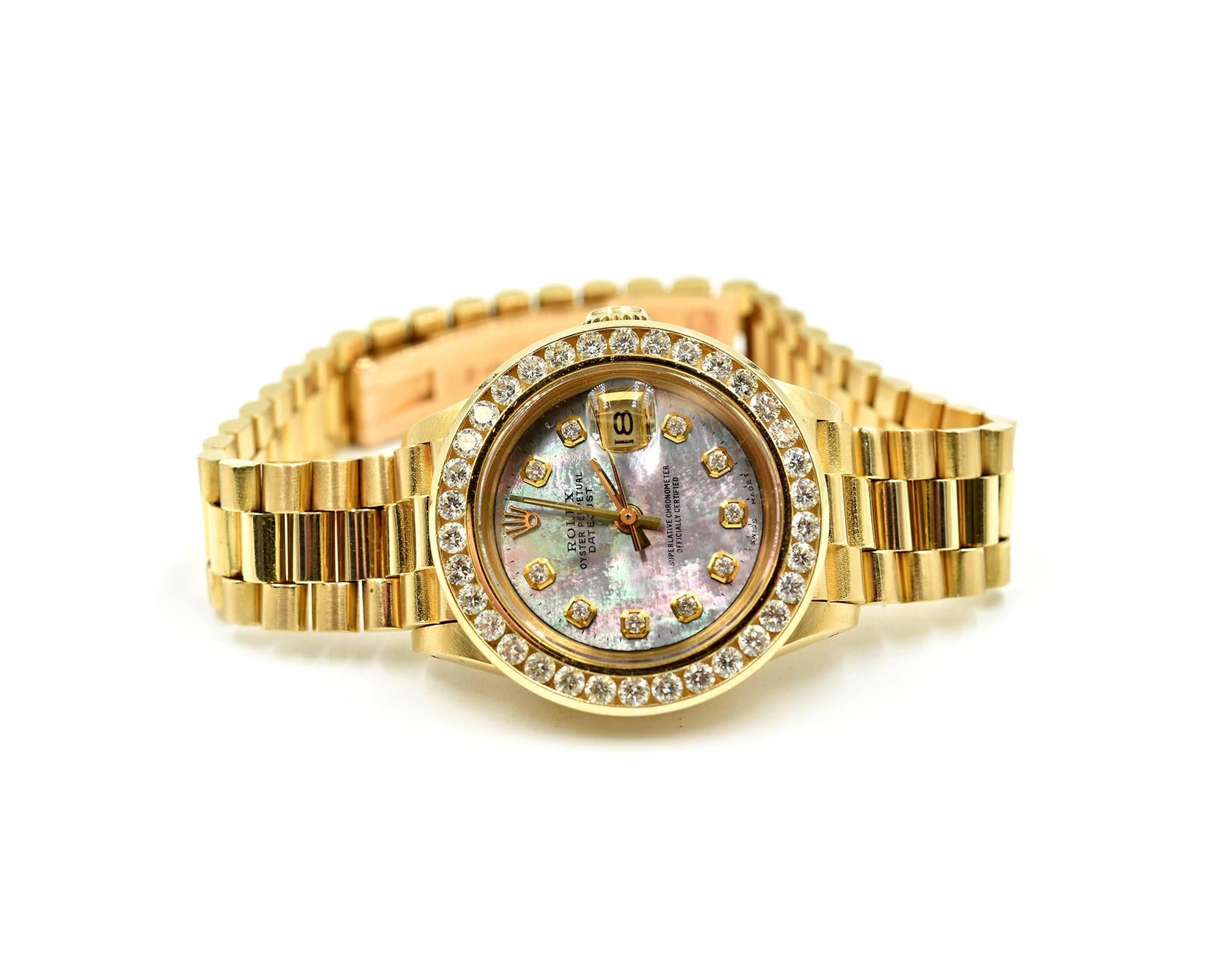 Round Cut Rolex Ladies Yellow Gold Diamond Mother-of-Pearl President Automatic Wristwatch