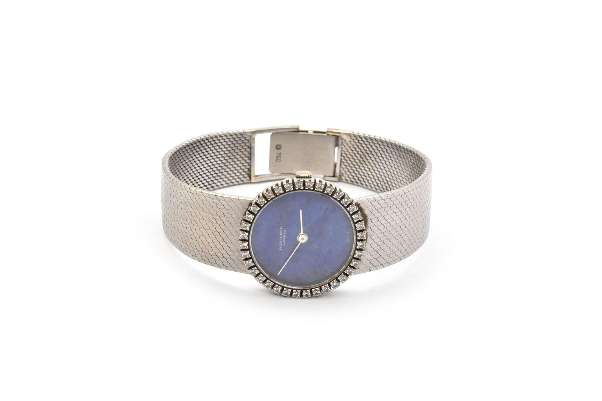 Round Cut IWC Ladies White Gold Diamond Blue Lapis Dial Dress Wristwatch