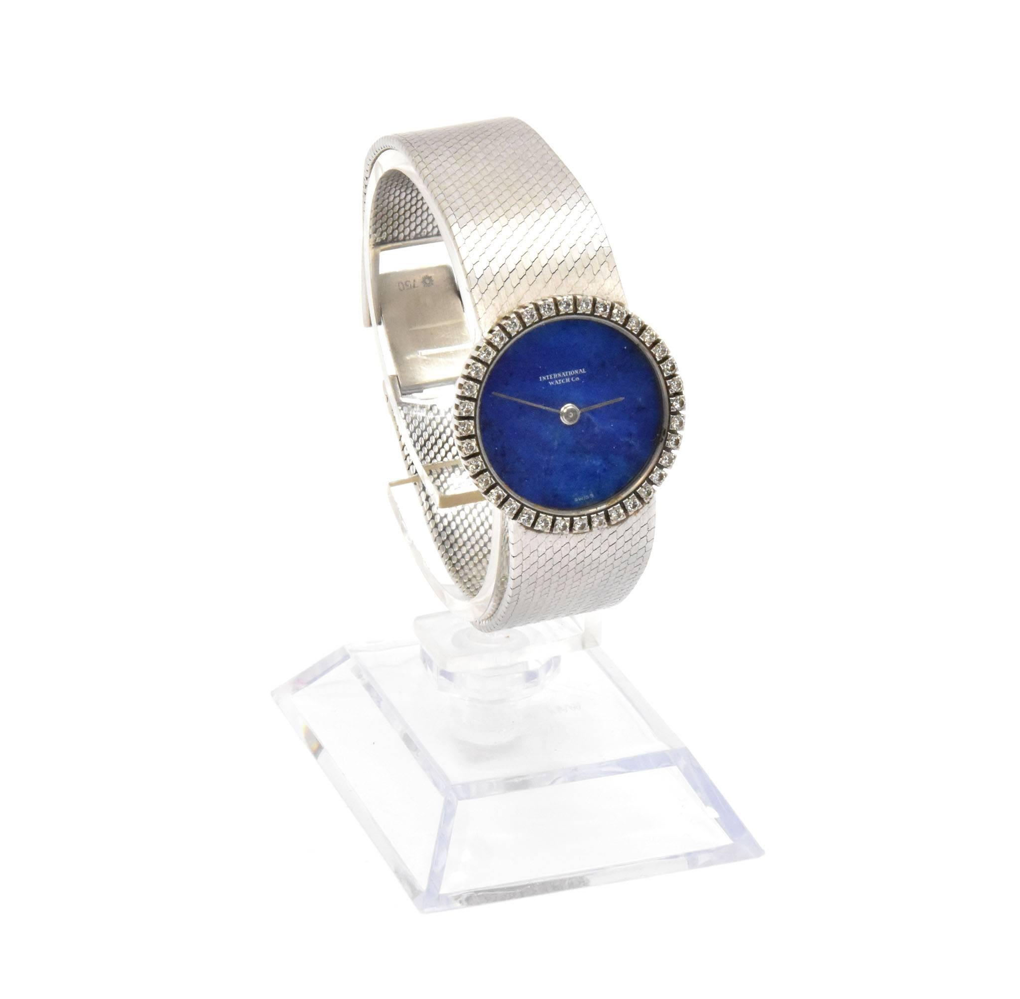 Movement: Swiss, Cal 185, 18 jewel, Adjustable 5 positions
Function: hours, minutes
Case: 24mm 18k white gold round case, sapphire crystal, 
Bezel: 36 round brilliant diamond set bezel equaling 
0.72ctw with G-H, VS
Band: 18k white gold integrated
