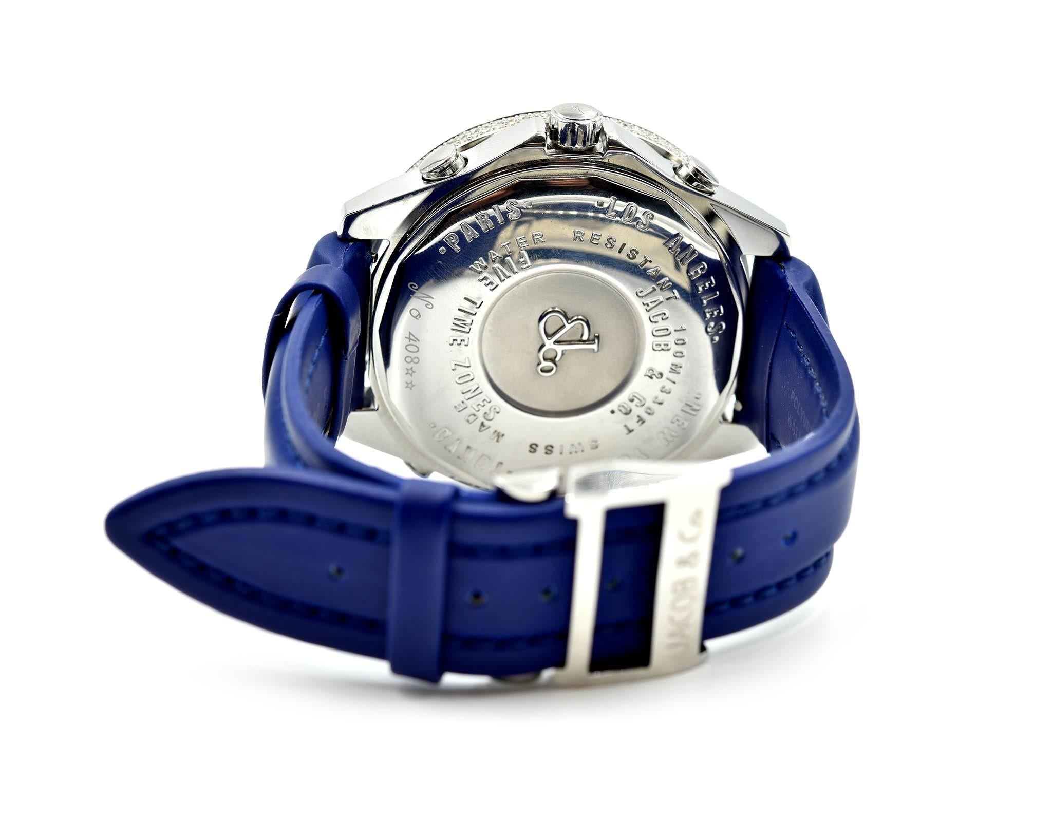 Women's or Men's Jacob & Co. Stainless Steel Diamond Bezel Five Time Zone Quartz Wristwatch