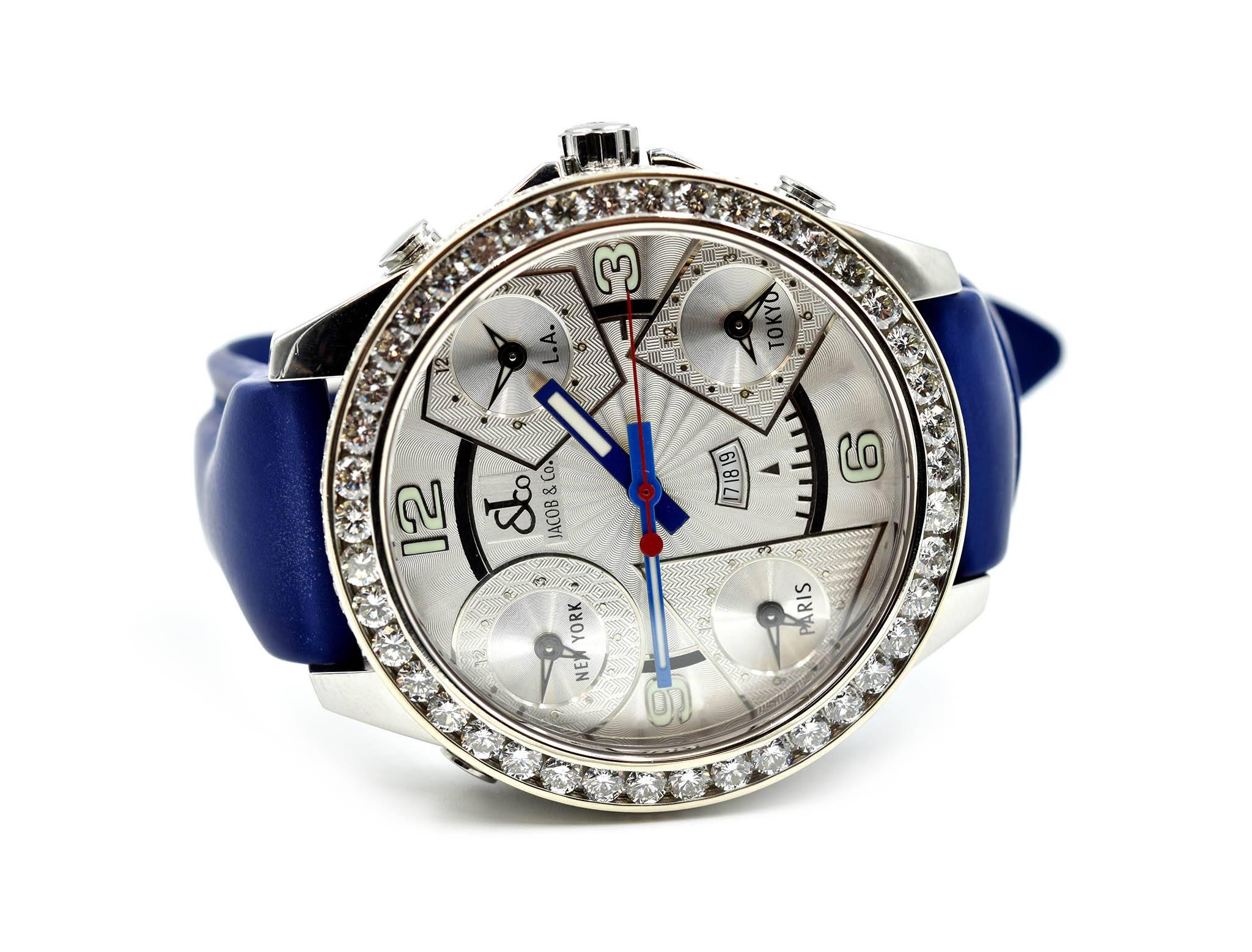 Round Cut Jacob & Co. Stainless Steel Diamond Bezel Five Time Zone Quartz Wristwatch