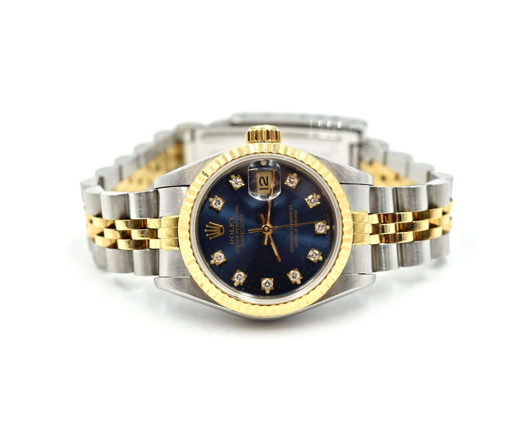 Round Cut Rolex Ladies Yellow Gold Stainless Steel Datejust Blue Diamond Dial Wristwatch
