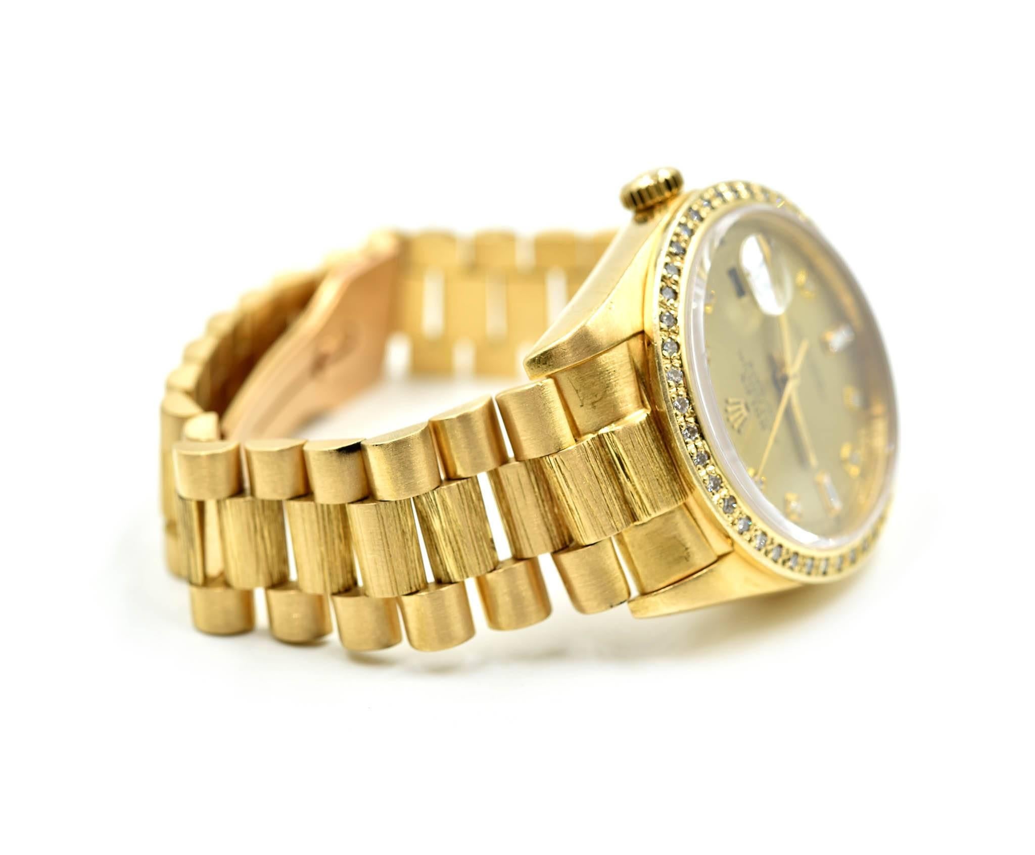 Rolex Yellow Gold Diamond President Day-Date Bark Finish Automatic Wristwatch In Excellent Condition In Scottsdale, AZ