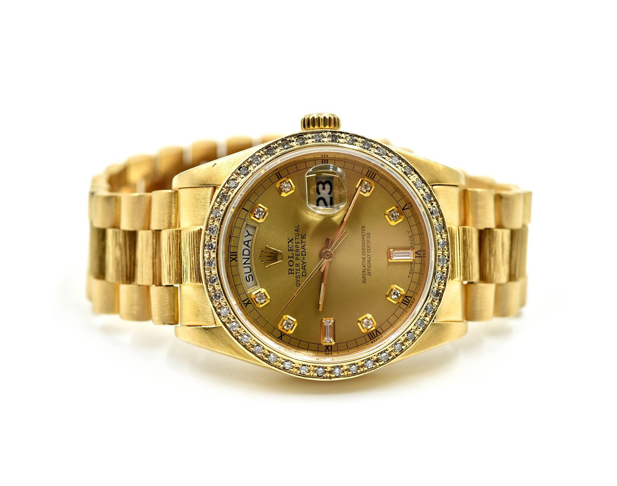Round Cut Rolex Yellow Gold Diamond President Day-Date Bark Finish Automatic Wristwatch