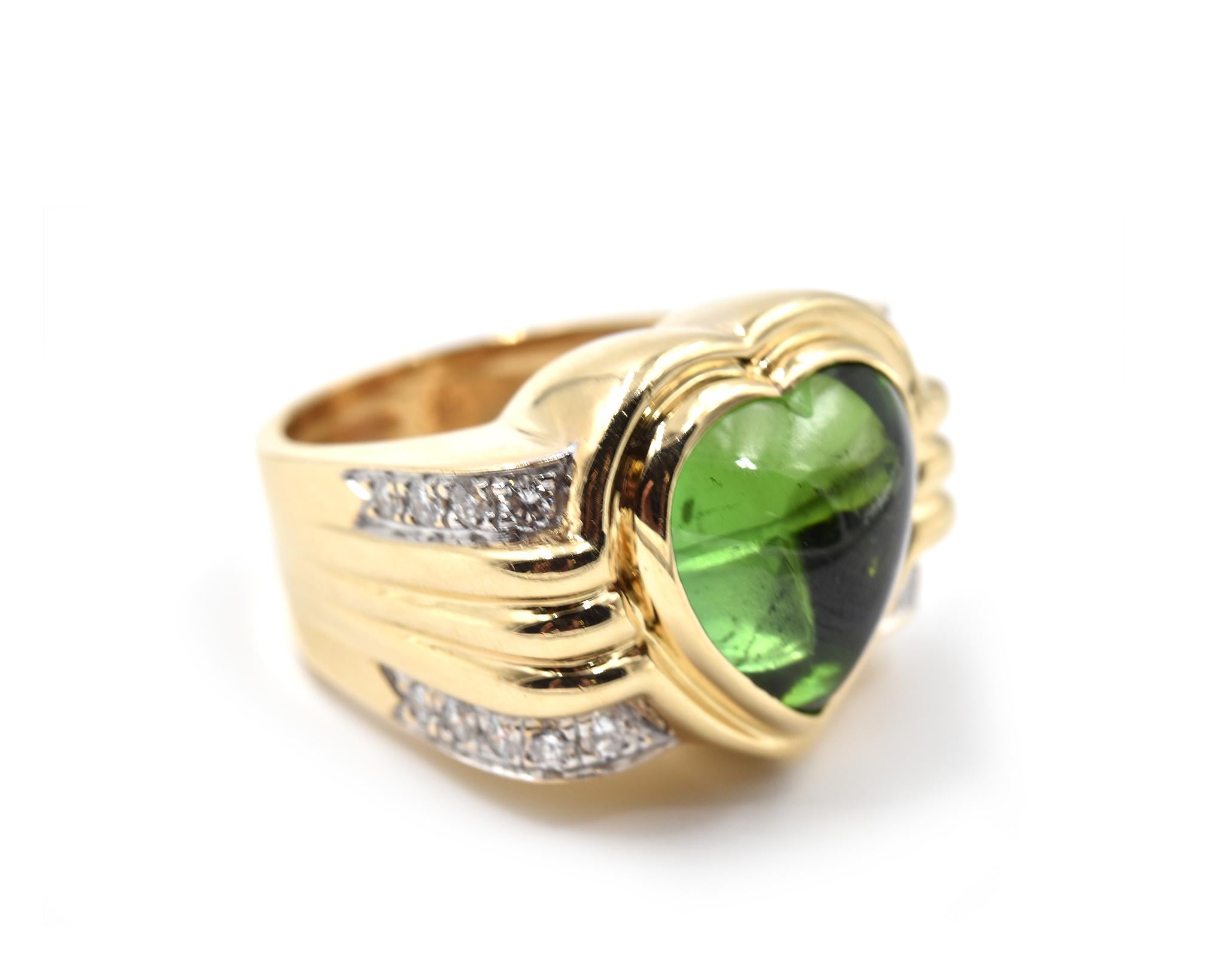 Designer: custom design
Material: 14k yellow gold
Peridot: Heart Shaped
Diamonds: 16 Round Diamonds = .80cttw
Color: G
Clarity: VS
Ring Size: 10 (please allow two additional shipping days for sizing requests)
Weight: 24.30 grams
