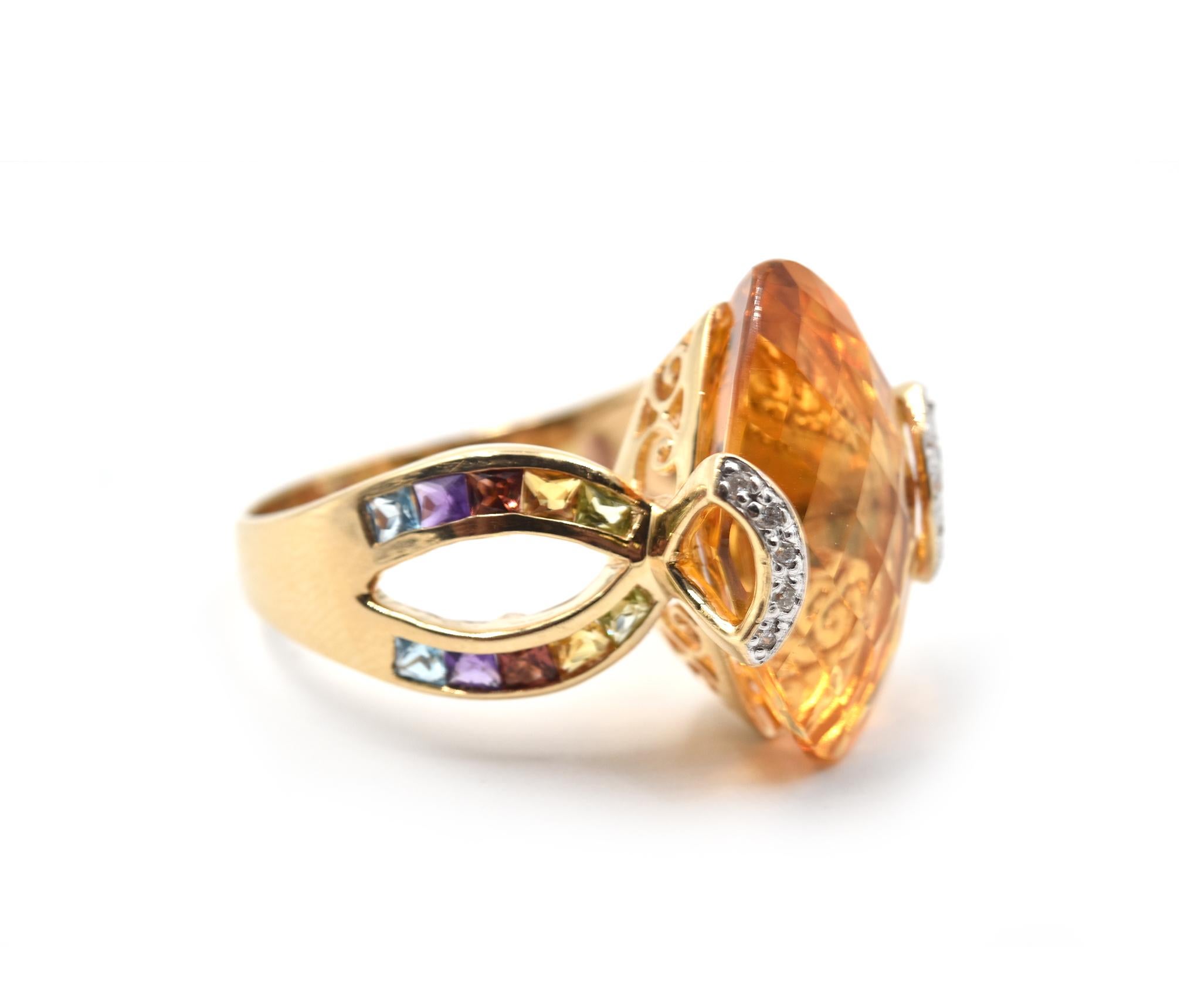 Designer: custom design
Material: 14k yellow gold
Citrine: 11.35 ct
Diamonds: 10 Round Diamonds = .05cttw
Color: G/H
Clarity: SI1
Ring Size: 10  (please allow two additional shipping days for sizing requests)
Weight: 10.01 grams
