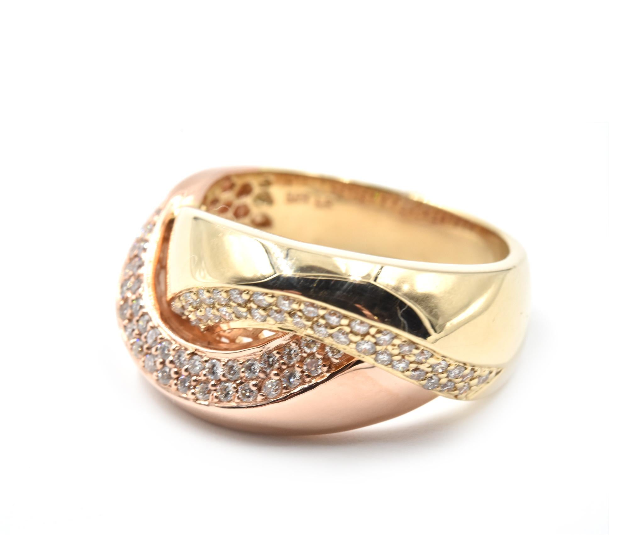 Designer: custom design
Material: 14k rose gold
Diamonds: 70 round brilliant cut = 0.70 carat weight
Color: I
Clarity: SI1
Ring size: 7 1/2 (please allow two additional shipping days for sizing requests) 
Weight: 10.06 grams 
