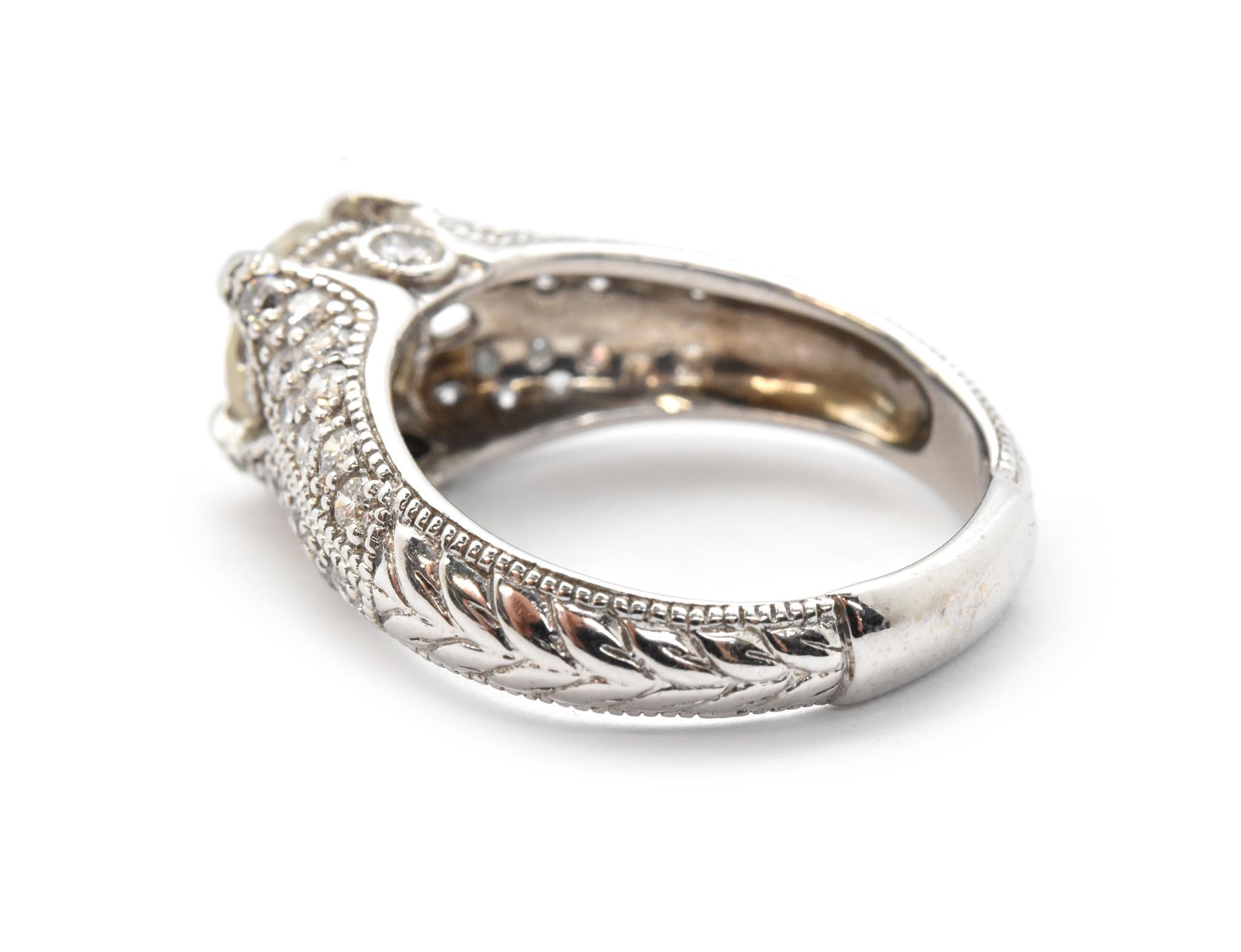 14 Karat White Gold and 1.38 Carat Round Diamond Ring with 0.75 Carat Accents In Excellent Condition For Sale In Scottsdale, AZ