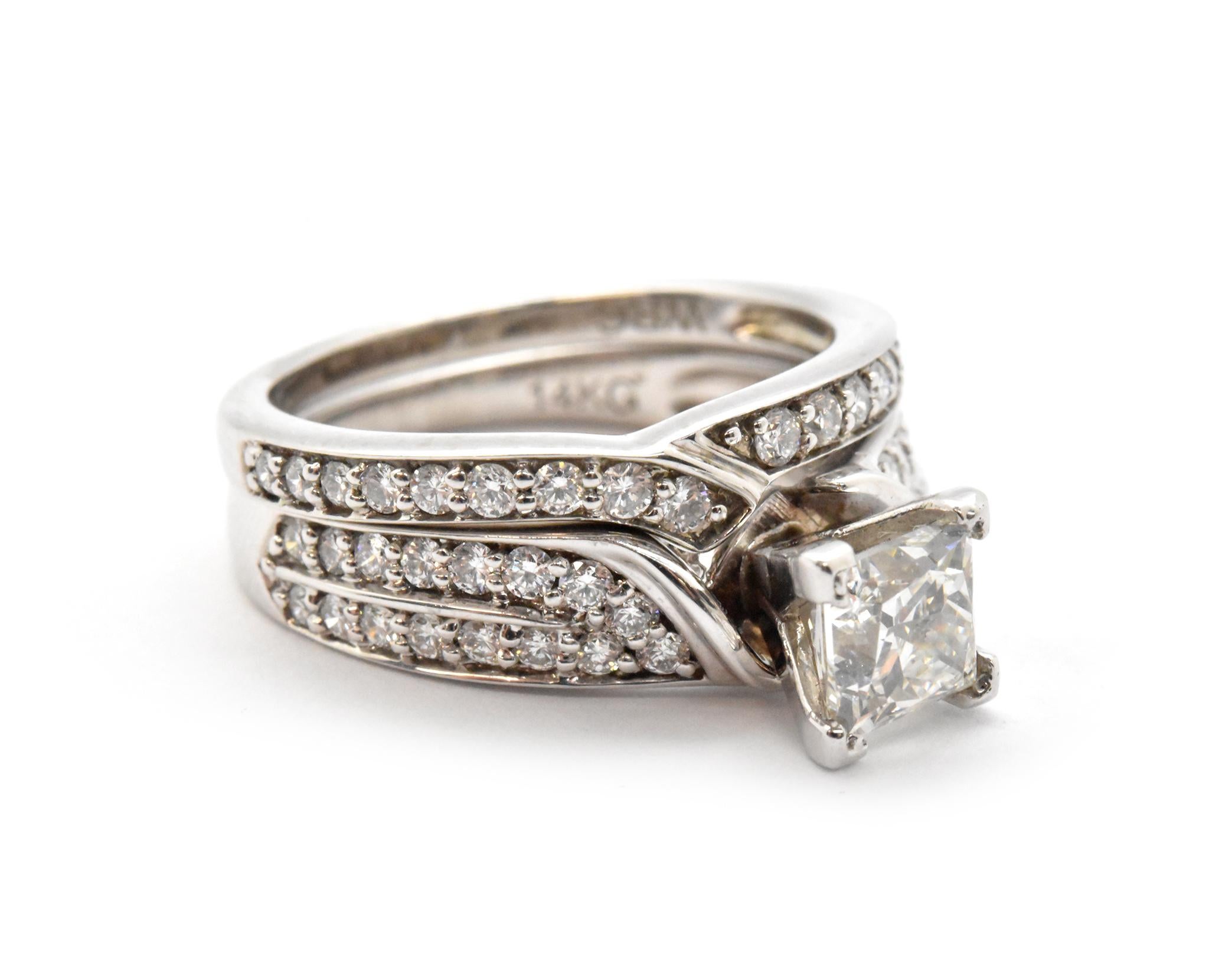 Shown is a wedding set crafted in 14k white gold. The engagement ring features a princess 