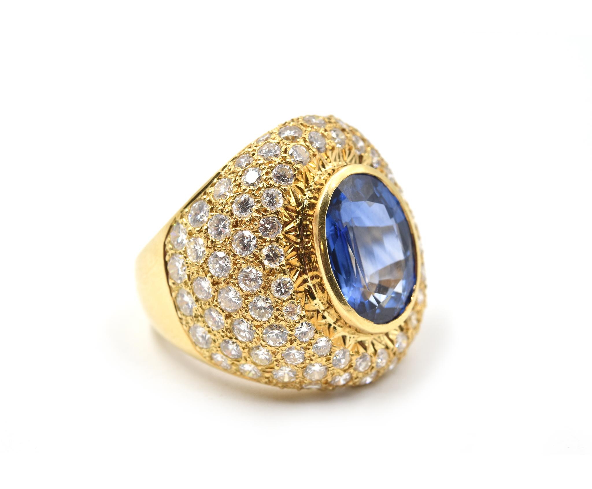 Designer: custom design
Material: 18k yellow gold
Sapphires: oval cut 5.67 carat
Diamonds: 88 round brilliant cut = 1.60 carat weight
Color: H
Clarity: VS
Ring Size: 5 3/4 (please allow two additional shipping days for sizing requests) 
Dimensions: