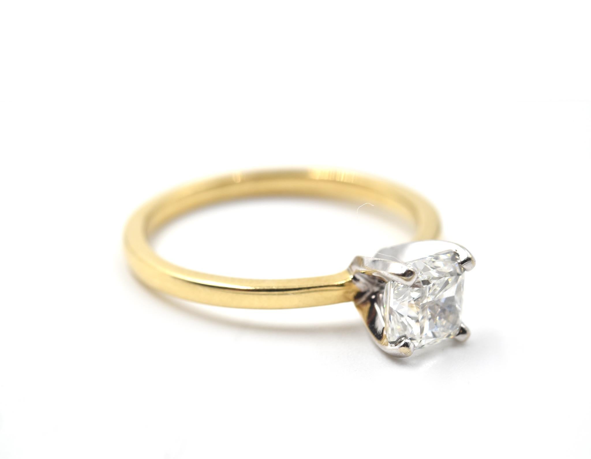 Designer: custom design
Material: 18k yellow gold
GIA Cert #: 2267134287
Center Stone: radiant cut 1.02 carat diamond
Color: H
Clarity: VS1
Ring Size: 6 1/2 (please allow two additional shipping days for sizing requests)
Weight: 2.76 grams
