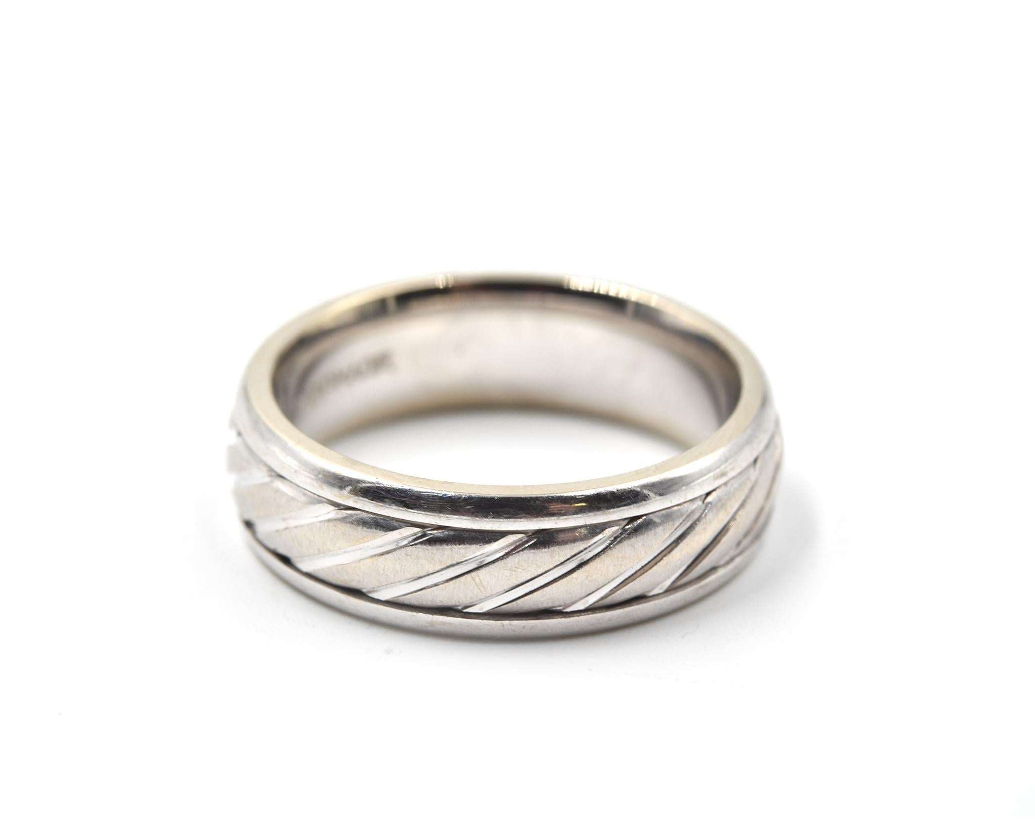 Designer: custom design
Material: 14k white gold
Dimensions: ring is 6.75mm wide
Ring Size: 9 ¾ 
Weight: 11.45 grams
