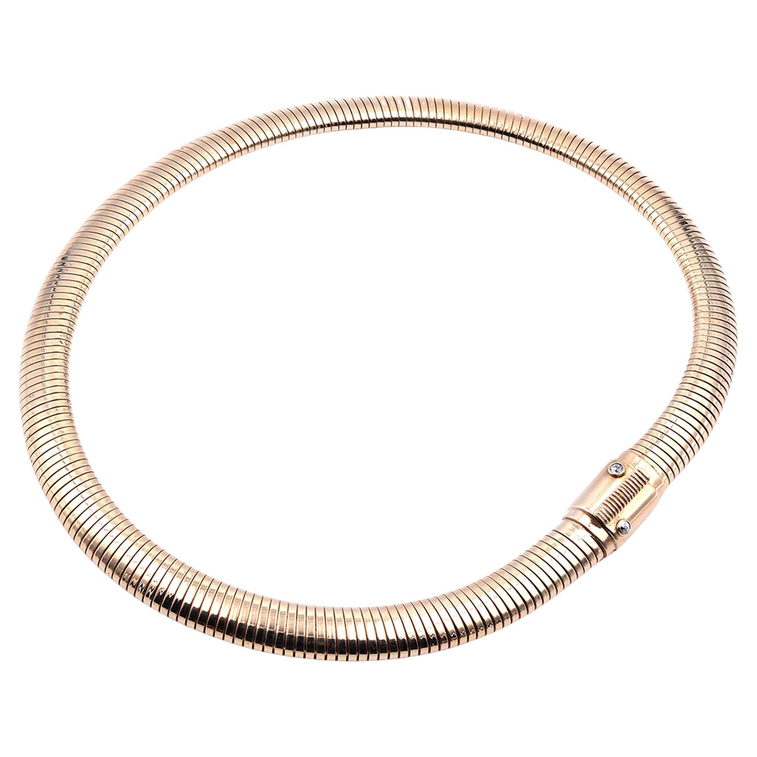 14 Karat Yellow Gold Flexible Omega Necklace with Diamonds For Sale