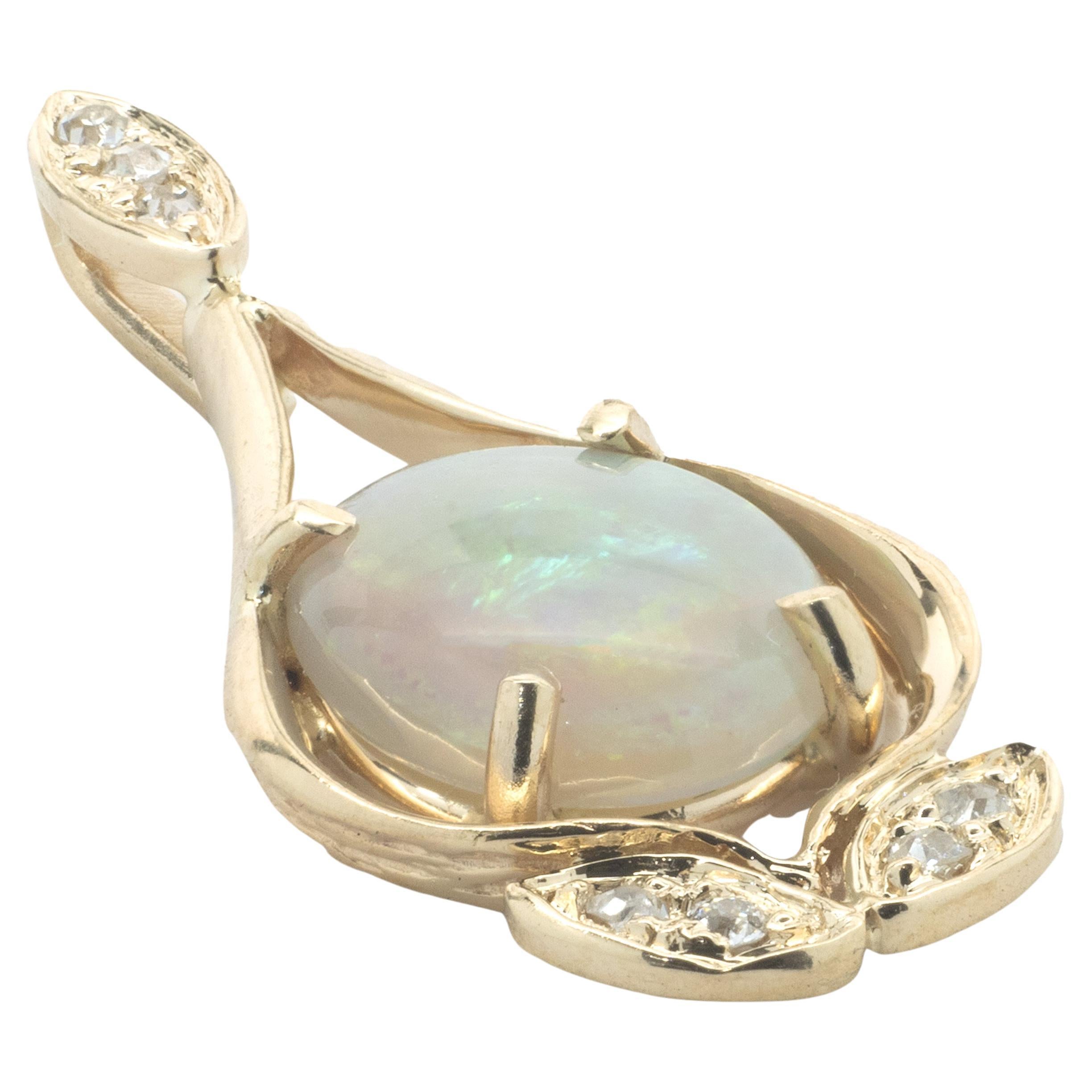 14 Karat Yellow Gold Vintage Opal and Diamond Drop Necklace For Sale