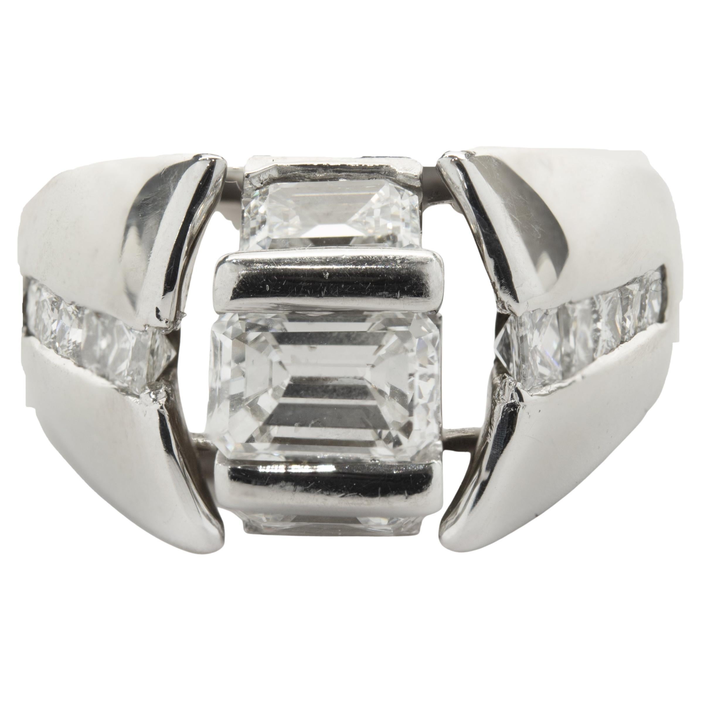 Platinum Custom Designed Emerald Cut Diamond Engagement Ring For Sale