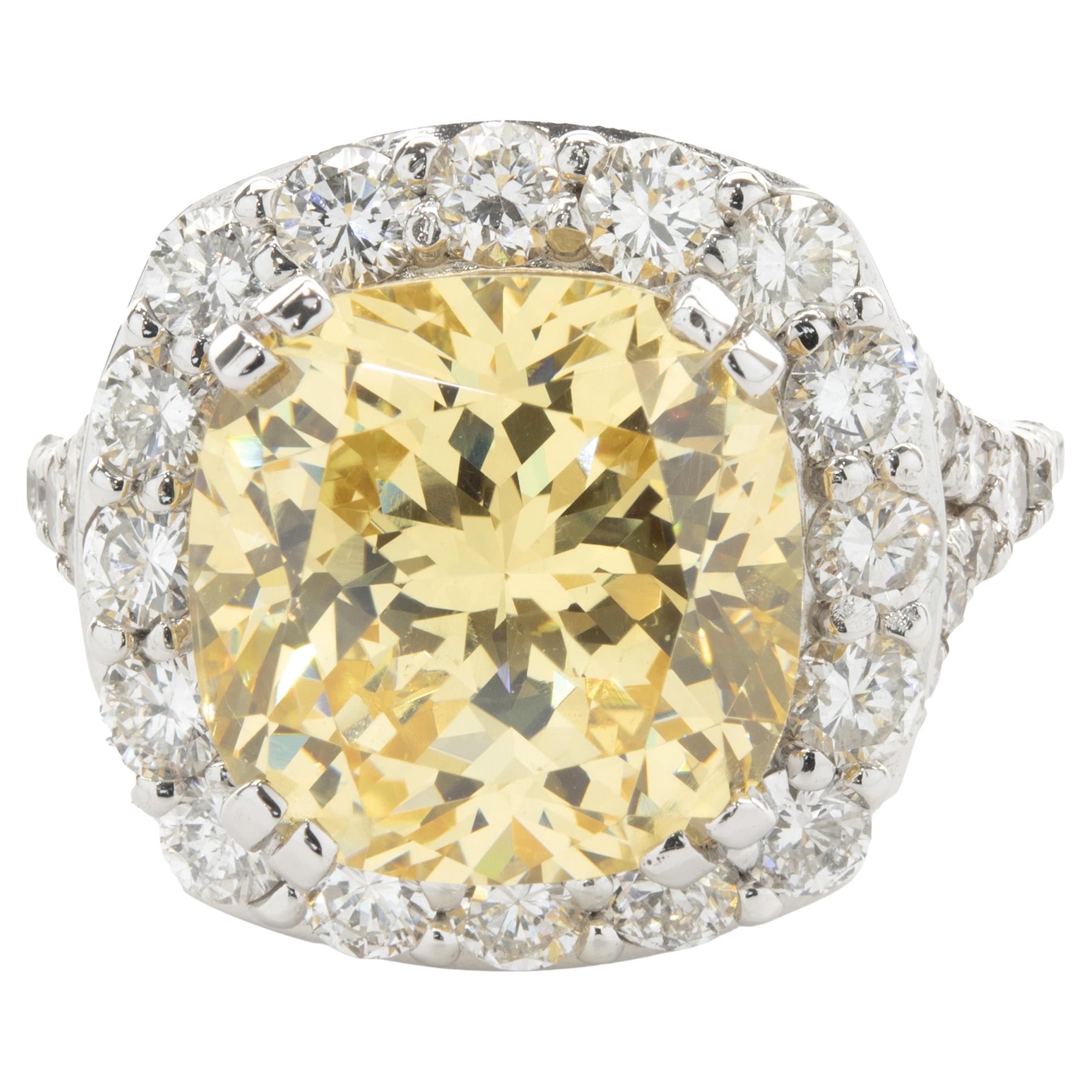 14 Karat White Gold Yellow Cubic Zirconia and Diamond Ring For Sale