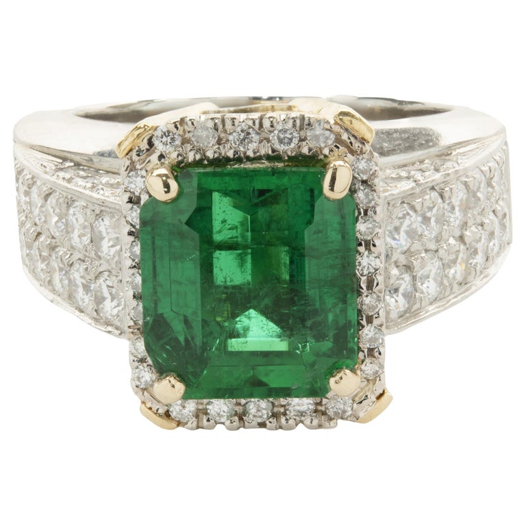 Platinum and 18 Karat Yellow Gold Emerald and Diamond Ring For Sale at ...