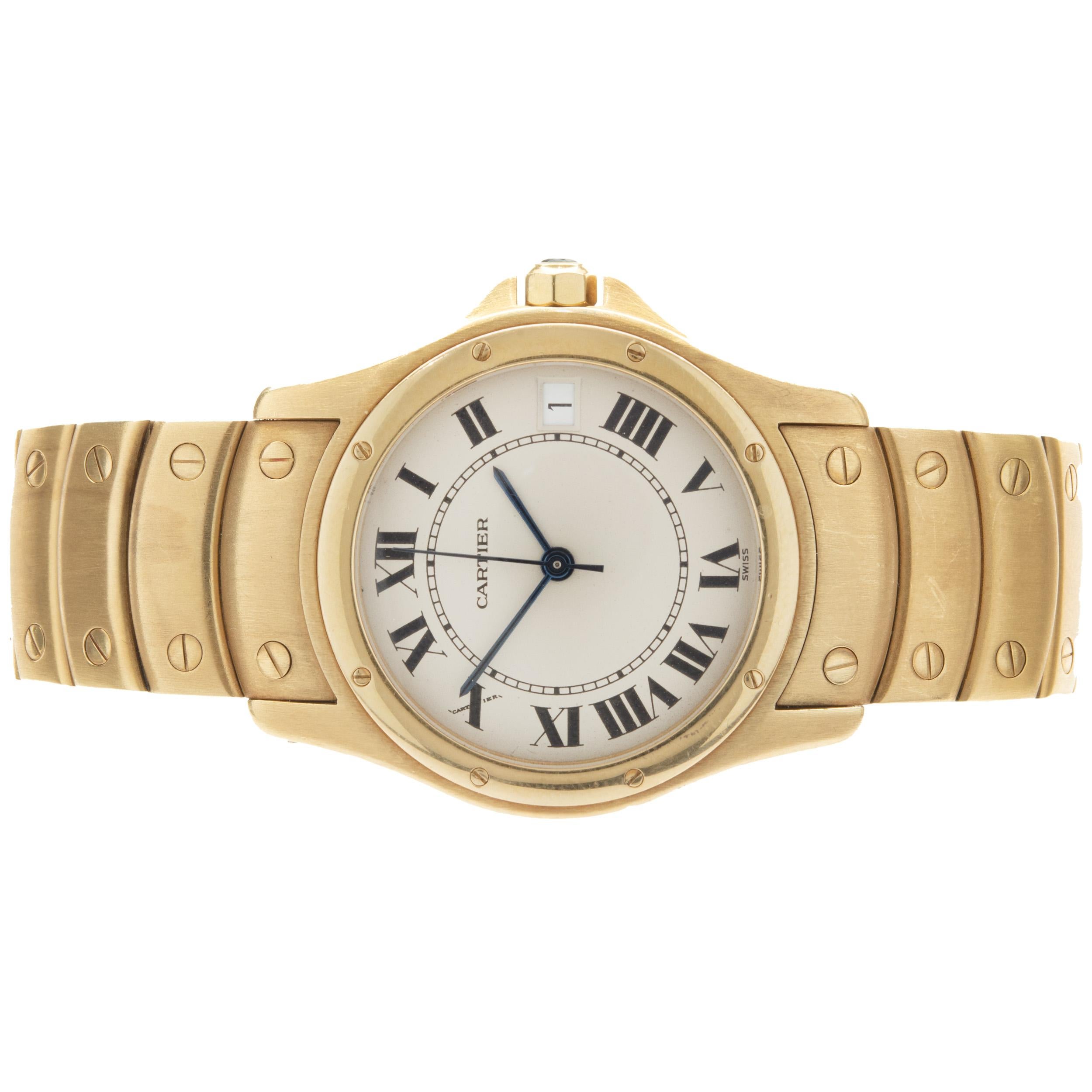 Movement: automatic
Function: hours, minutes, seconds, date
Case: 36mm 18K yellow gold round case, push pull crown, sapphire crystal
Dial: white roman dial, steel sword sweeping hands
Band: Cartier 18K yellow gold Santos bracelet, fold over
