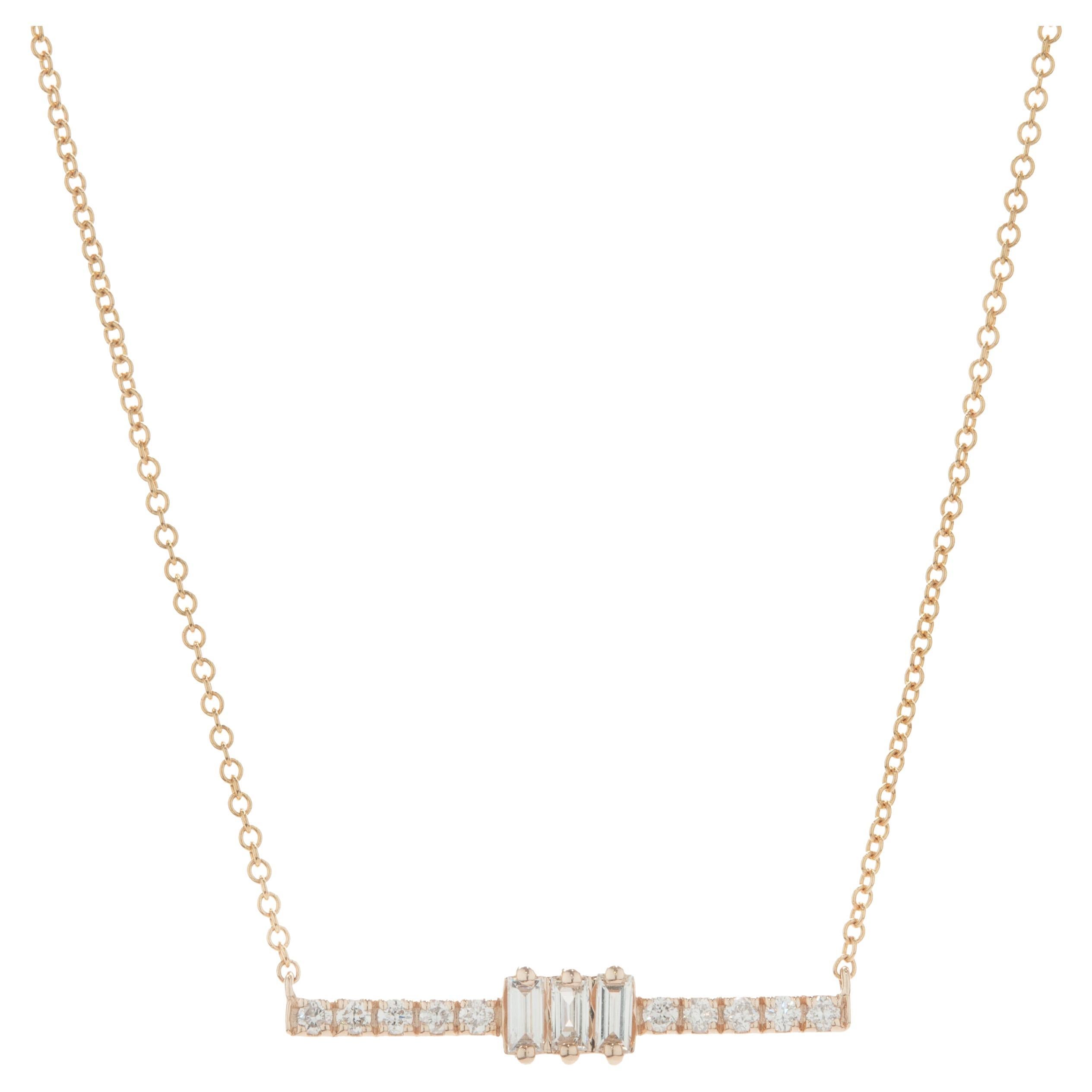14 Karat Rose Gold Diamond Bar Necklace with Baguette Centerpiece For Sale