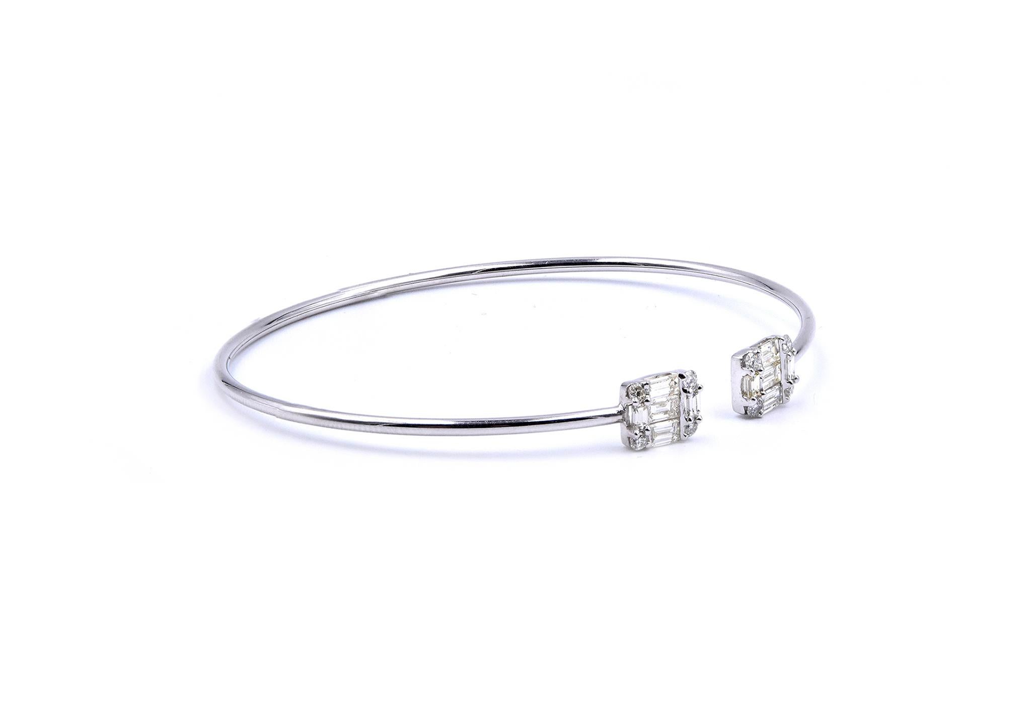 Material: 18K white gold
Diamonds: 10 baguette & 8 round cut = 1.00cttw
Color: H
Clarity: SI1
Dimensions: bracelet will fit up to a 6-inch wrist
Weight: 4.01 grams