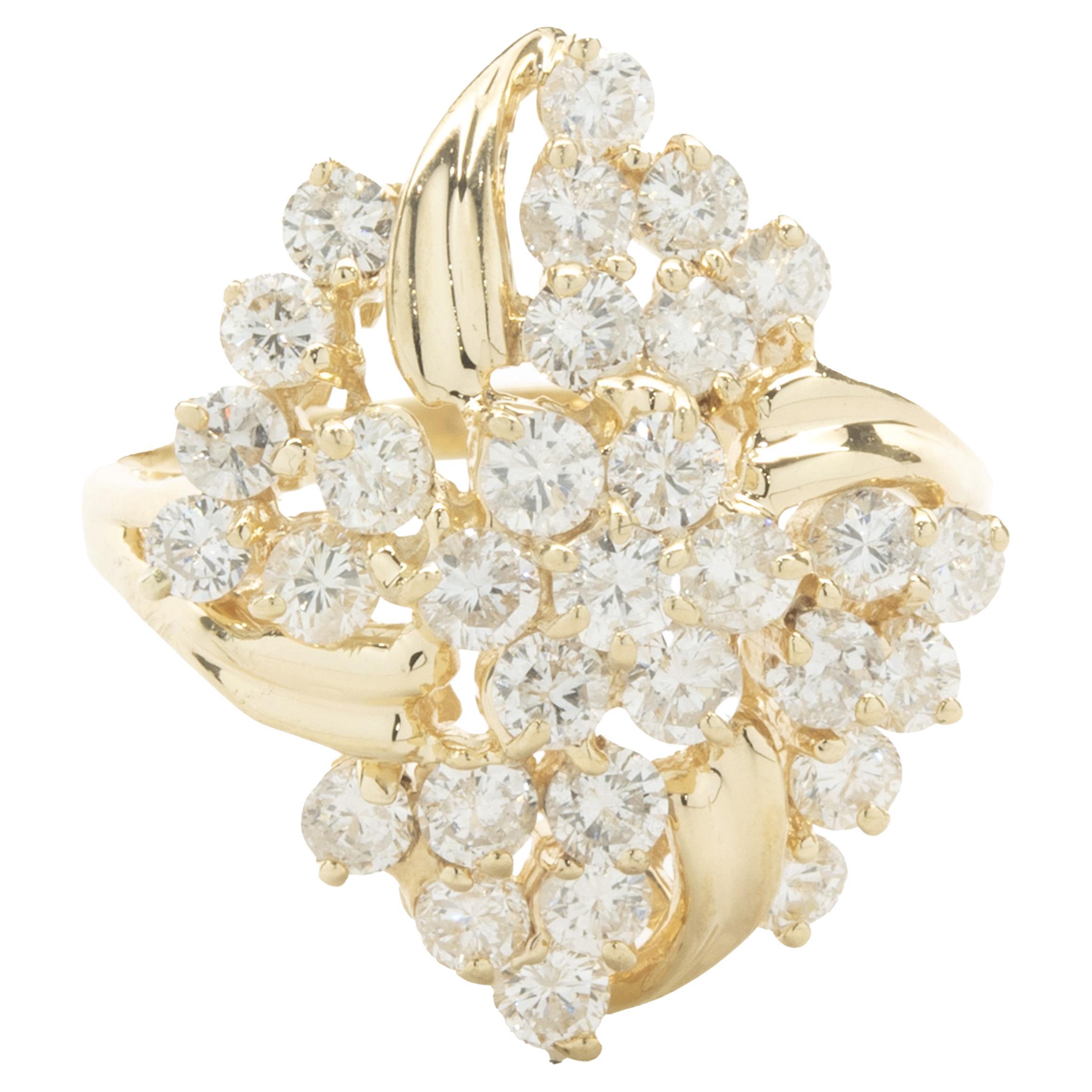 14 Karat Yellow Gold Vintage Diamond Waterfall Cluster Ring For Sale