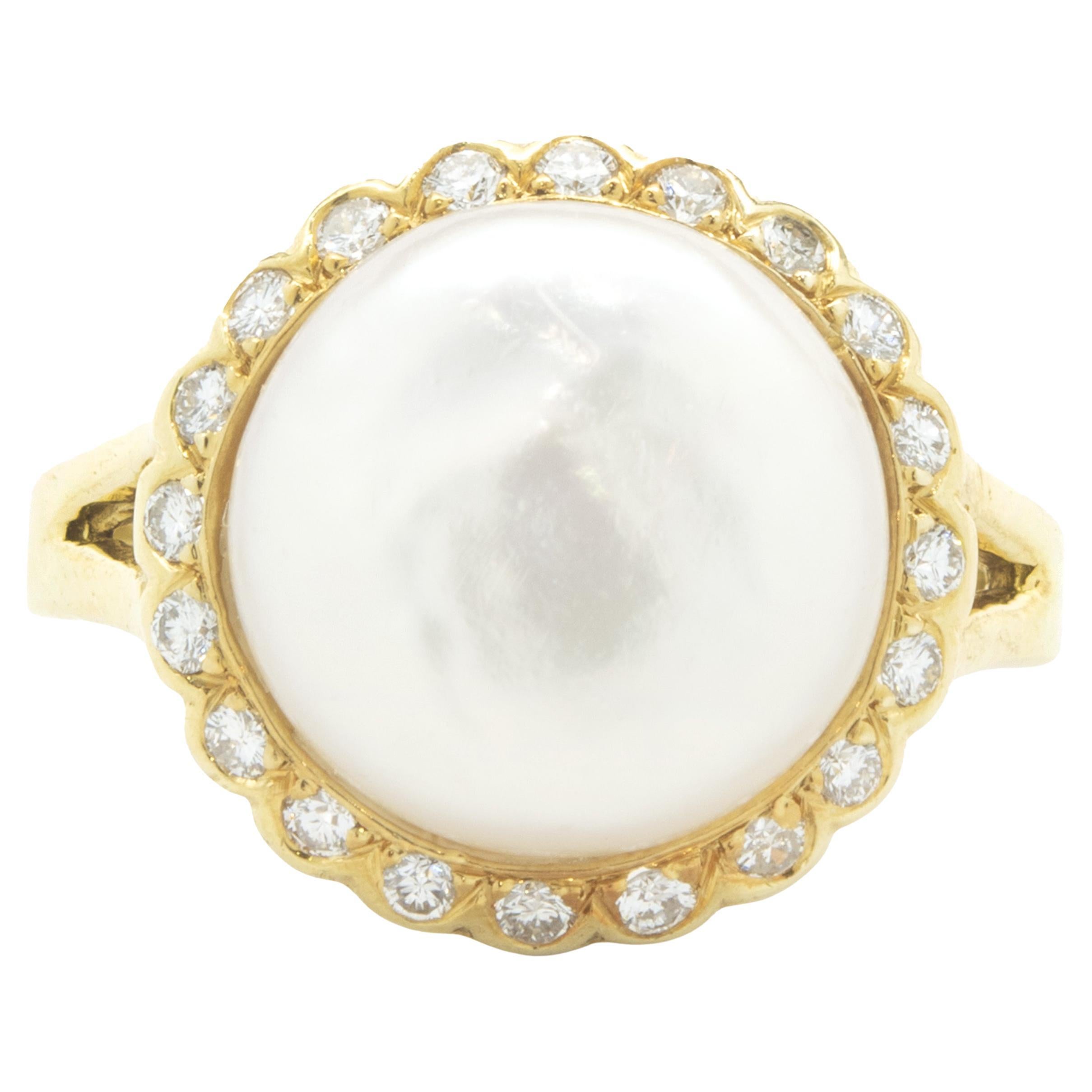 18 Karat Yellow Gold Button Pearl and Diamond Cocktail Ring For Sale