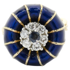 Orletto 18 Karat Yellow Gold Vintage Blue Enamel, Diamond, and Sapphire Ring