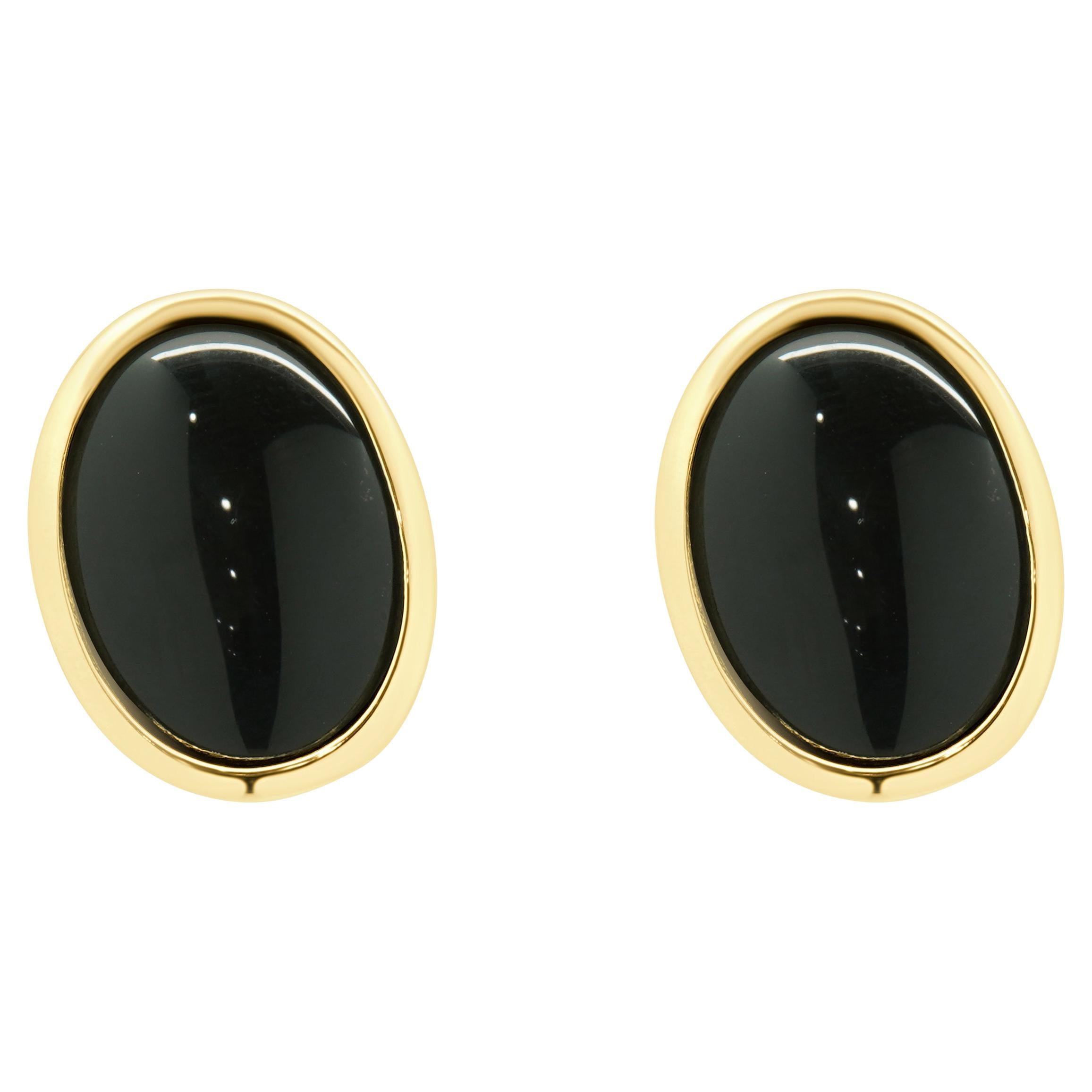 Boucles d'oreilles boutons en or jaune 14 carats Onyx ovale