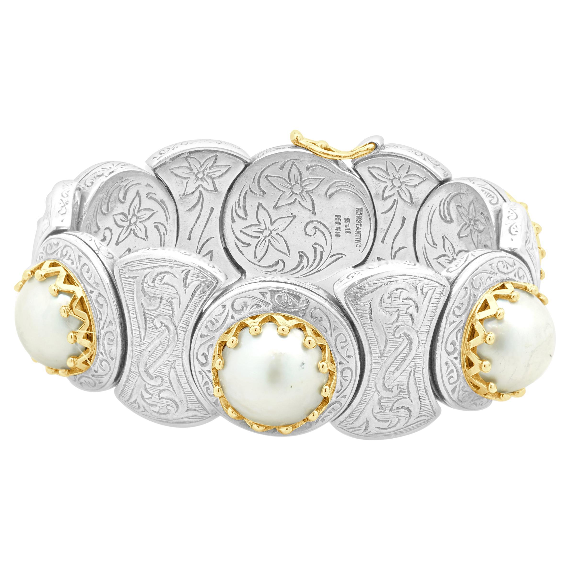 Konstantino Sterling Silver & 18 Karat Yellow Gold Mabe Pearl Bracelet For Sale