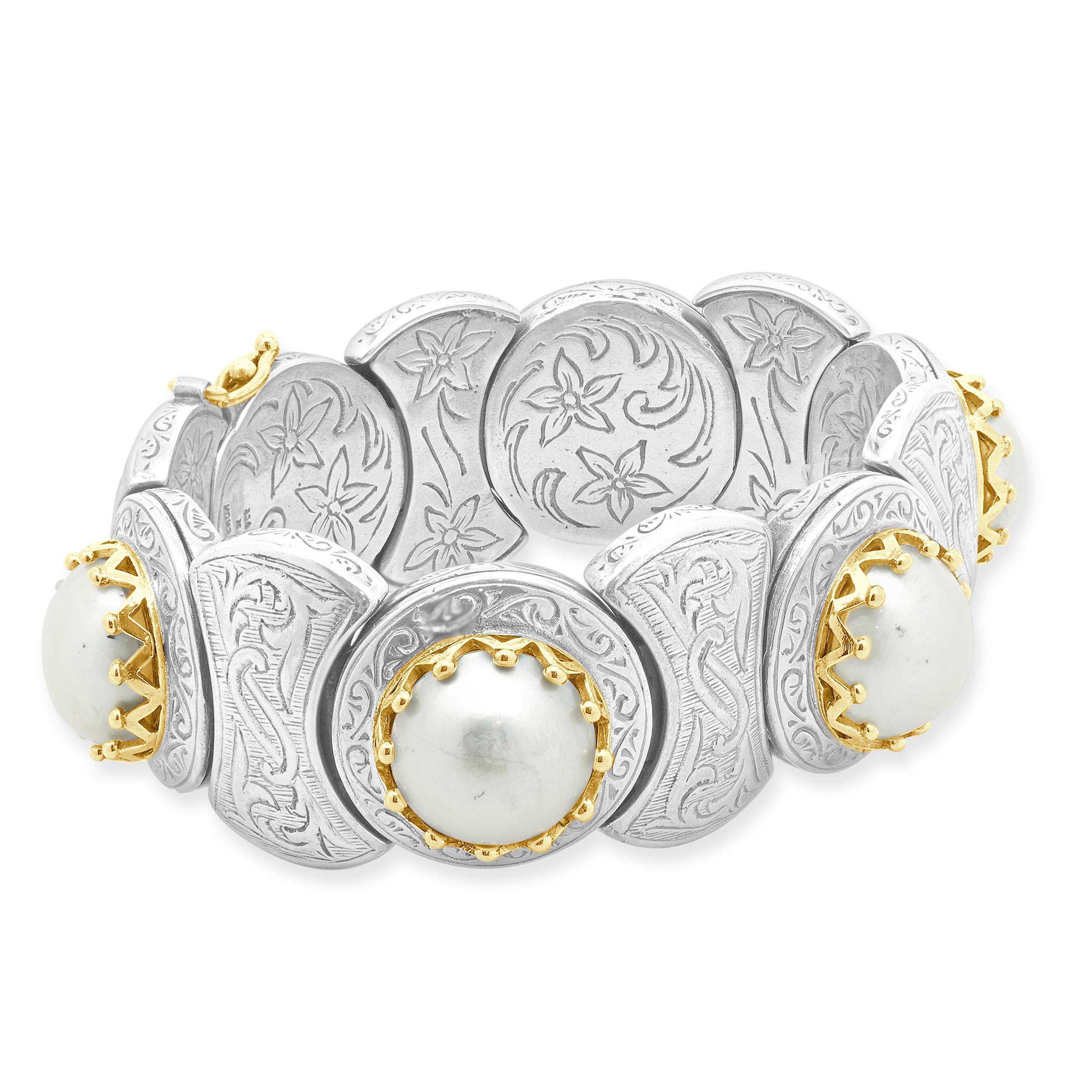 Round Cut Konstantino Sterling Silver & 18 Karat Yellow Gold Mabe Pearl Bracelet For Sale