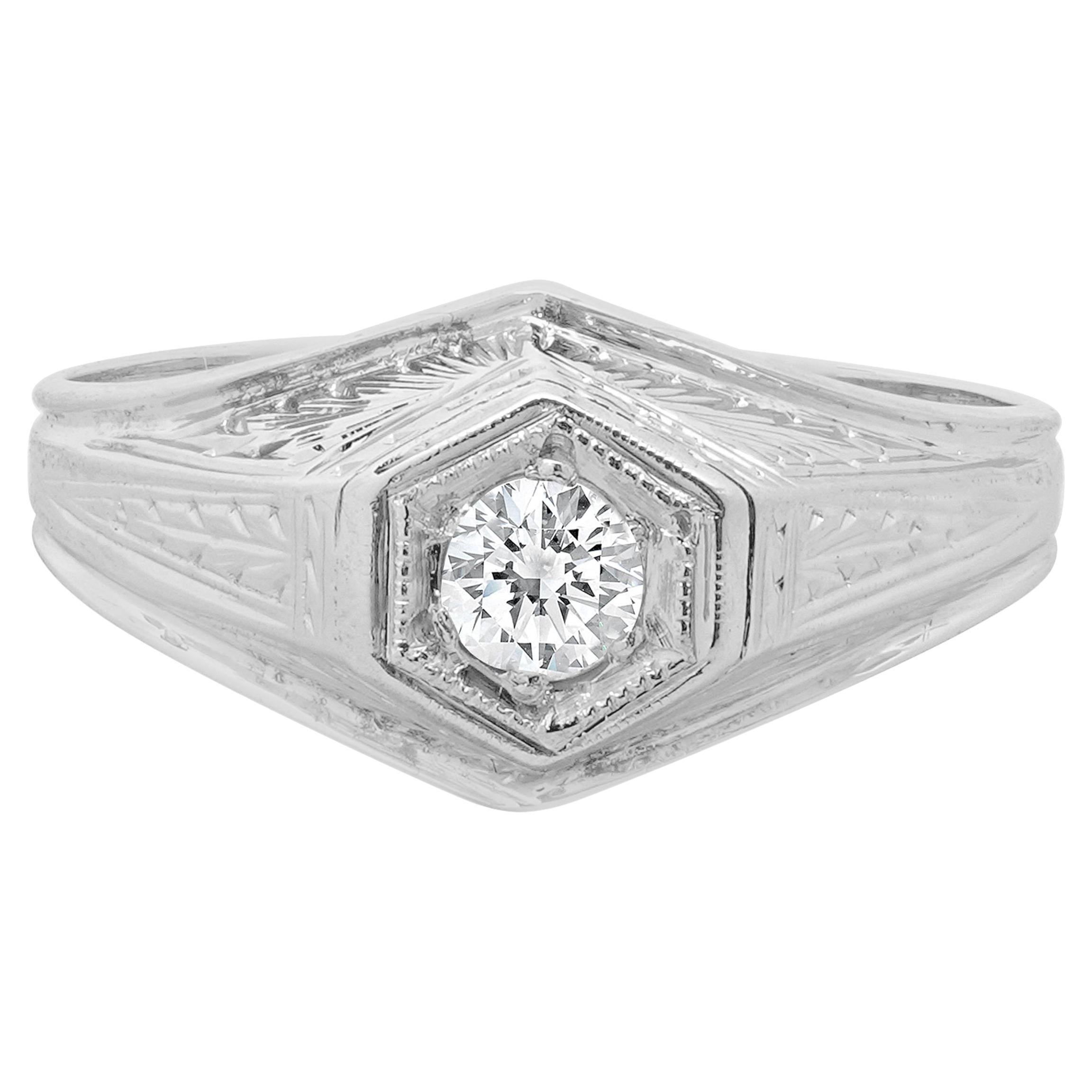 18 Karat White Gold Vintage Old Mine Cut Diamond Solitaire Ring