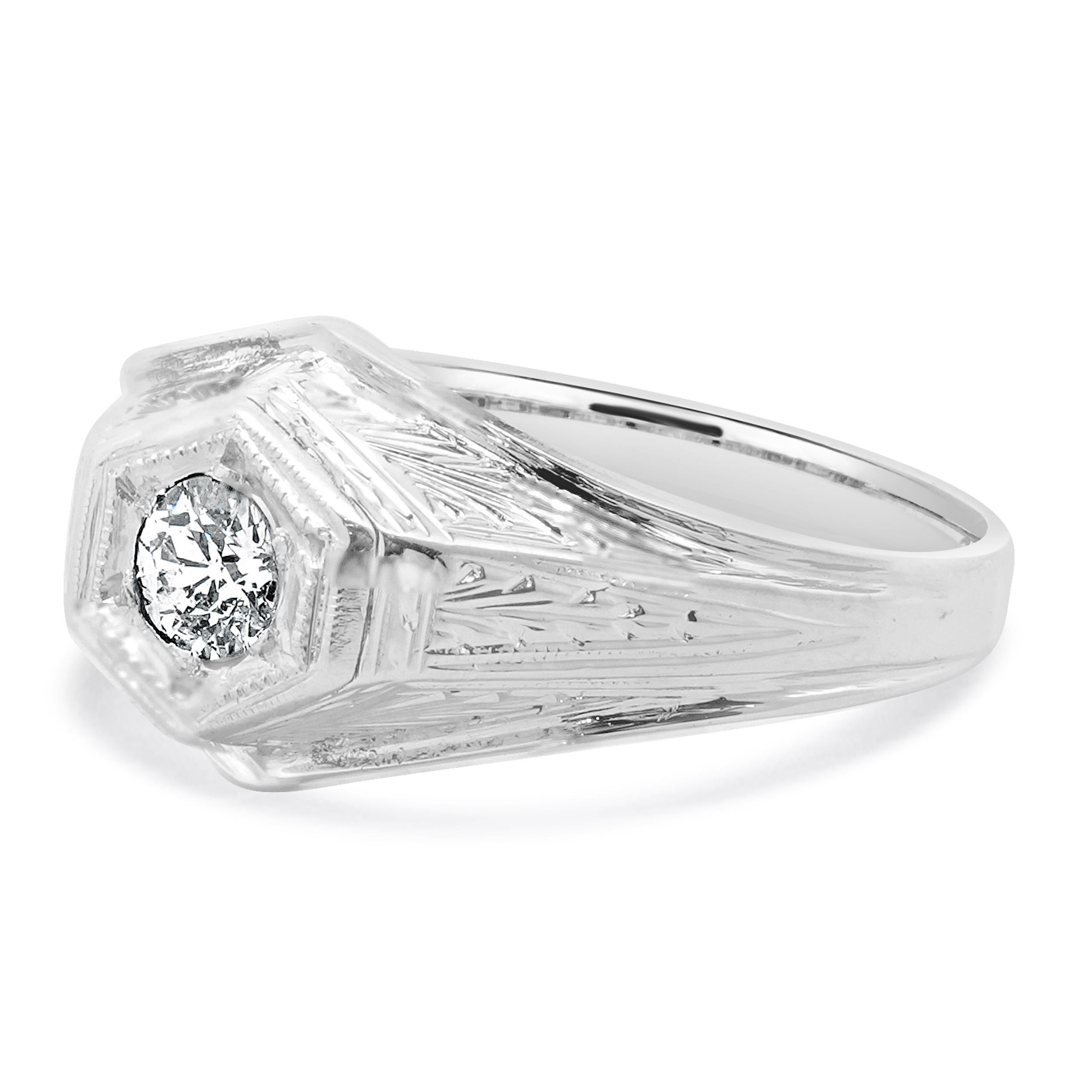 Material: 18K white gold
Diamond: old mine cut = 0.25cttw
Color: H
Clarity: I1
Ring Size: 9.75 (please allow up to 2 additional business days for sizing requests)
Weight: 5.42 grams
