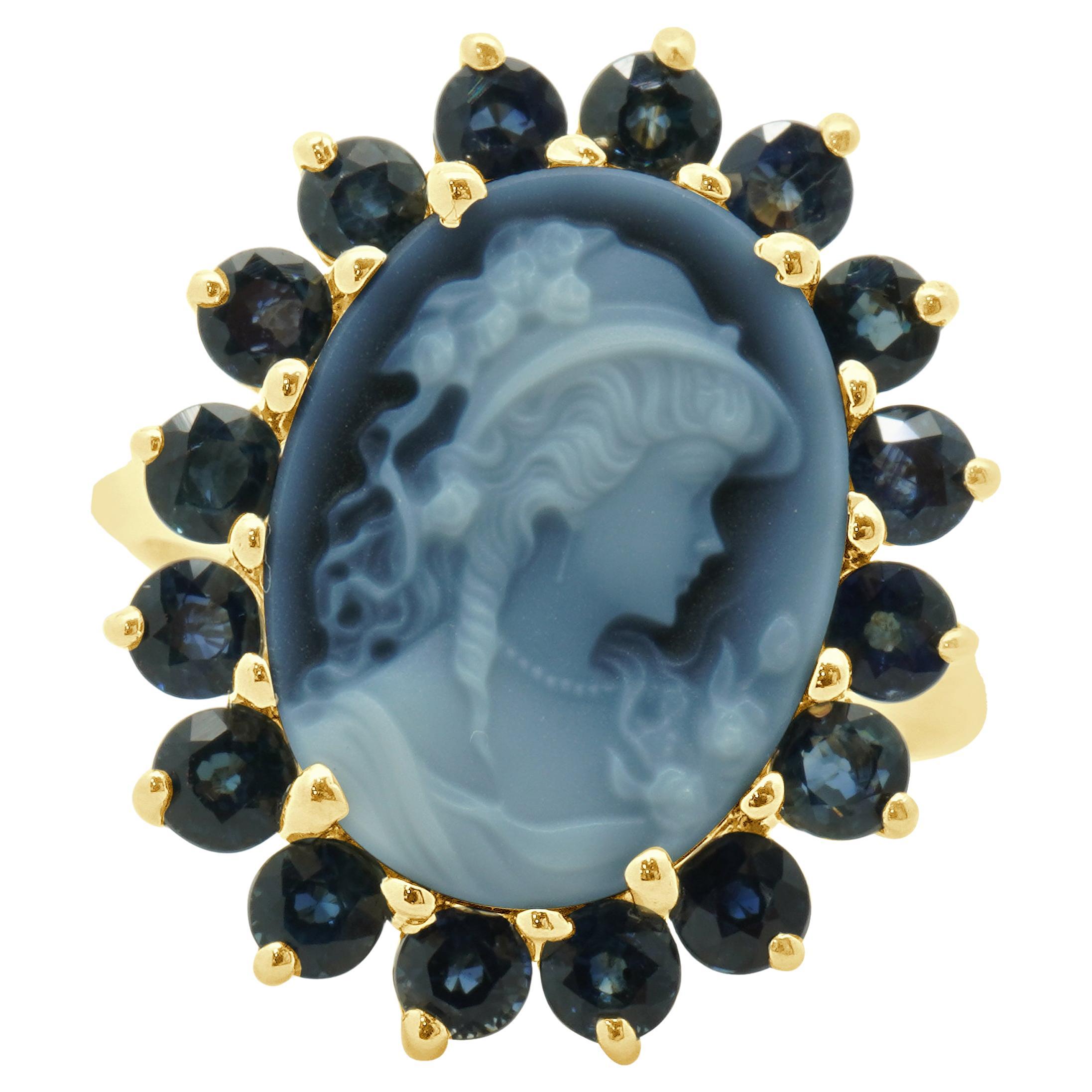Bague en or jaune 14 carats, agate bleue, camée et topaze en vente