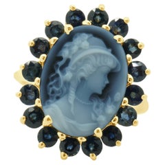 14 Karat Yellow Gold Blue Agate Cameo and Topaz Ring