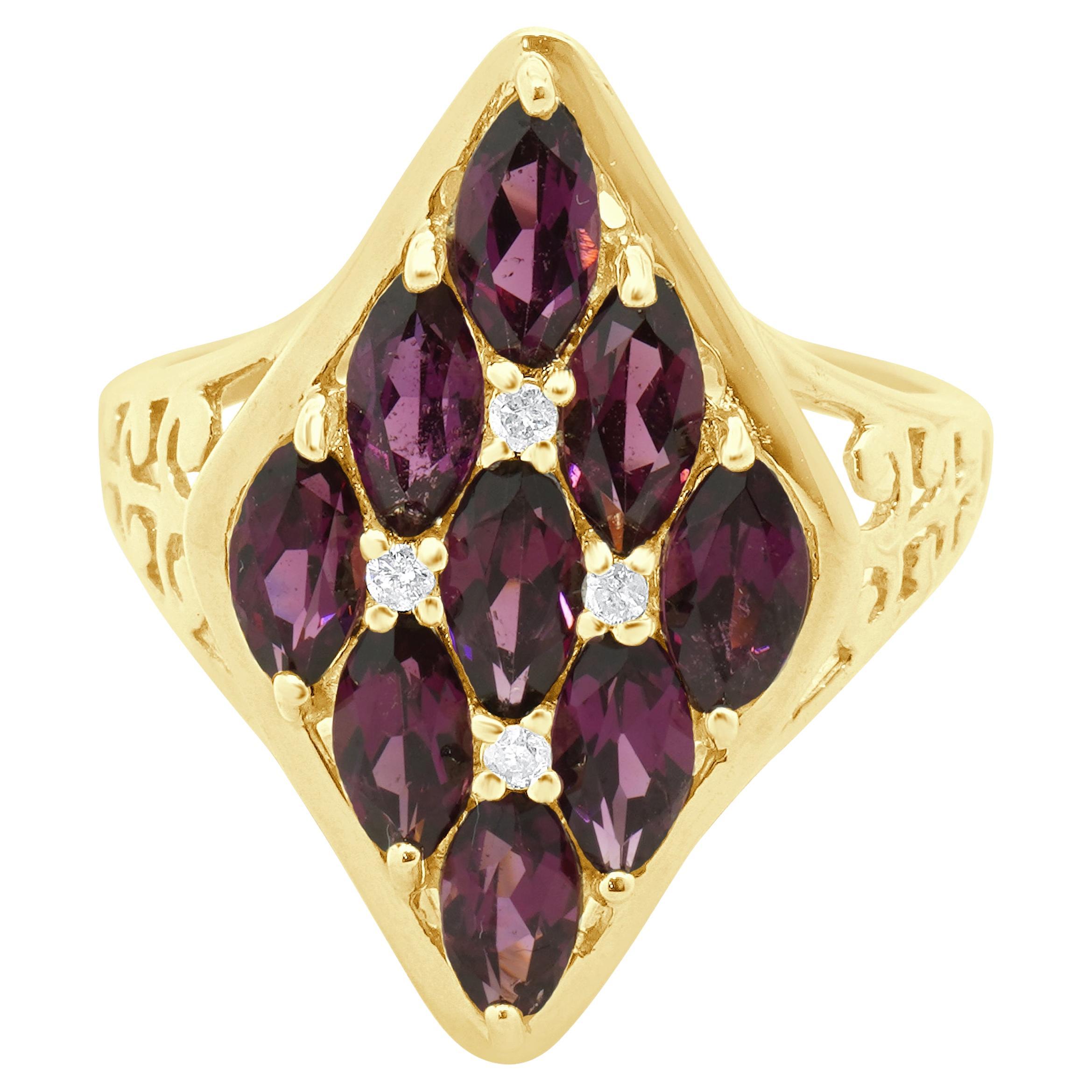 Bague en or jaune 14 carats, grenat rhodolite et diamant