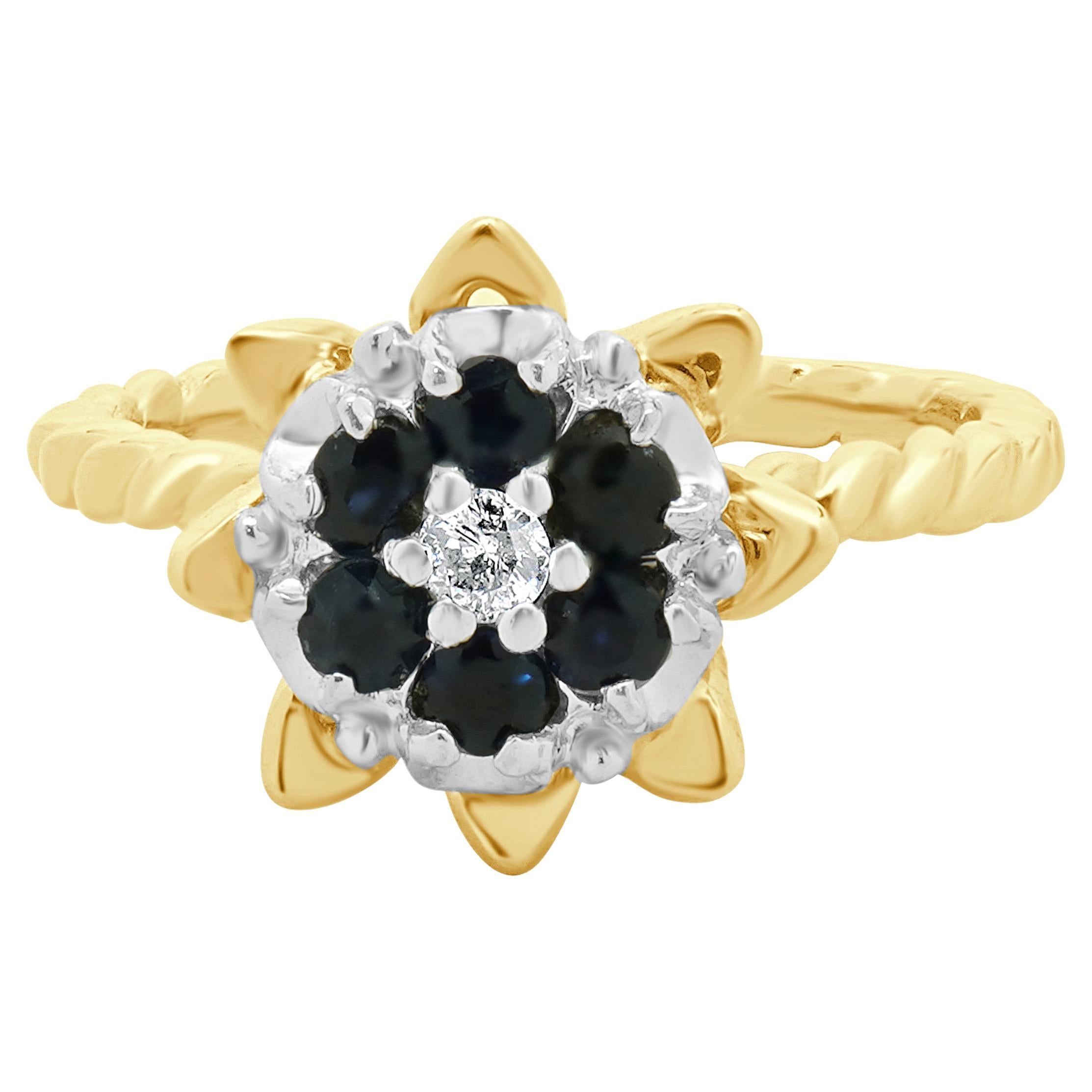 Bague fleur en or jaune 14 carats saphir et diamant en vente