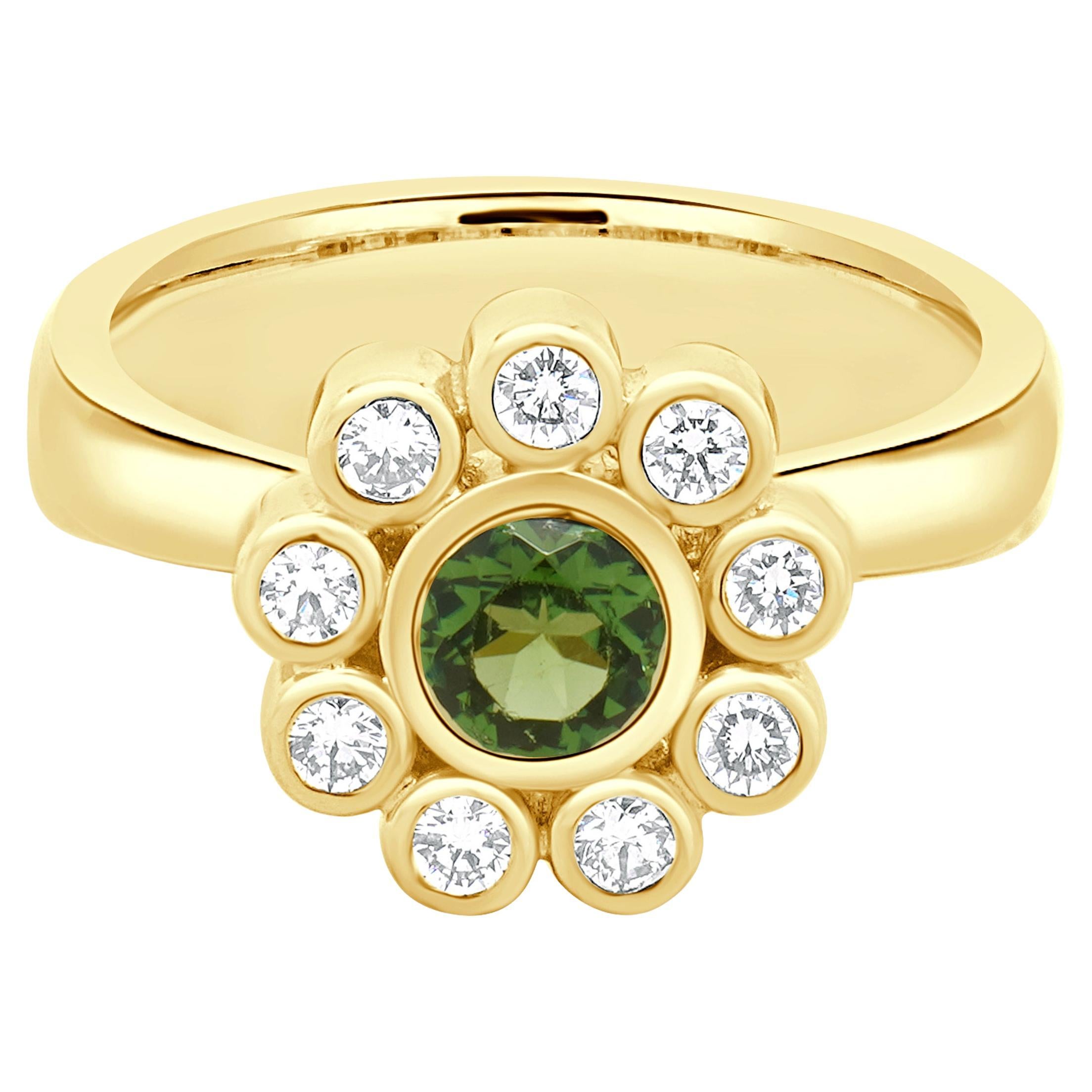 18 Karat Yellow Gold Green Tourmaline and Diamond Ring