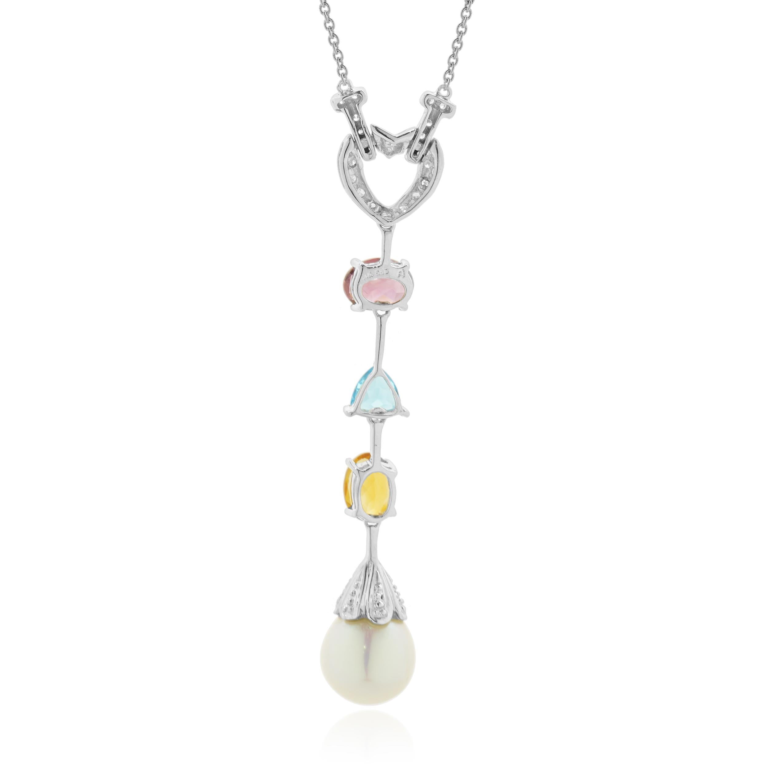 Taglio rotondo Goccia a cuore in oro bianco 14 carati con diamante, granato, topazio blu, citrino e perla. in vendita