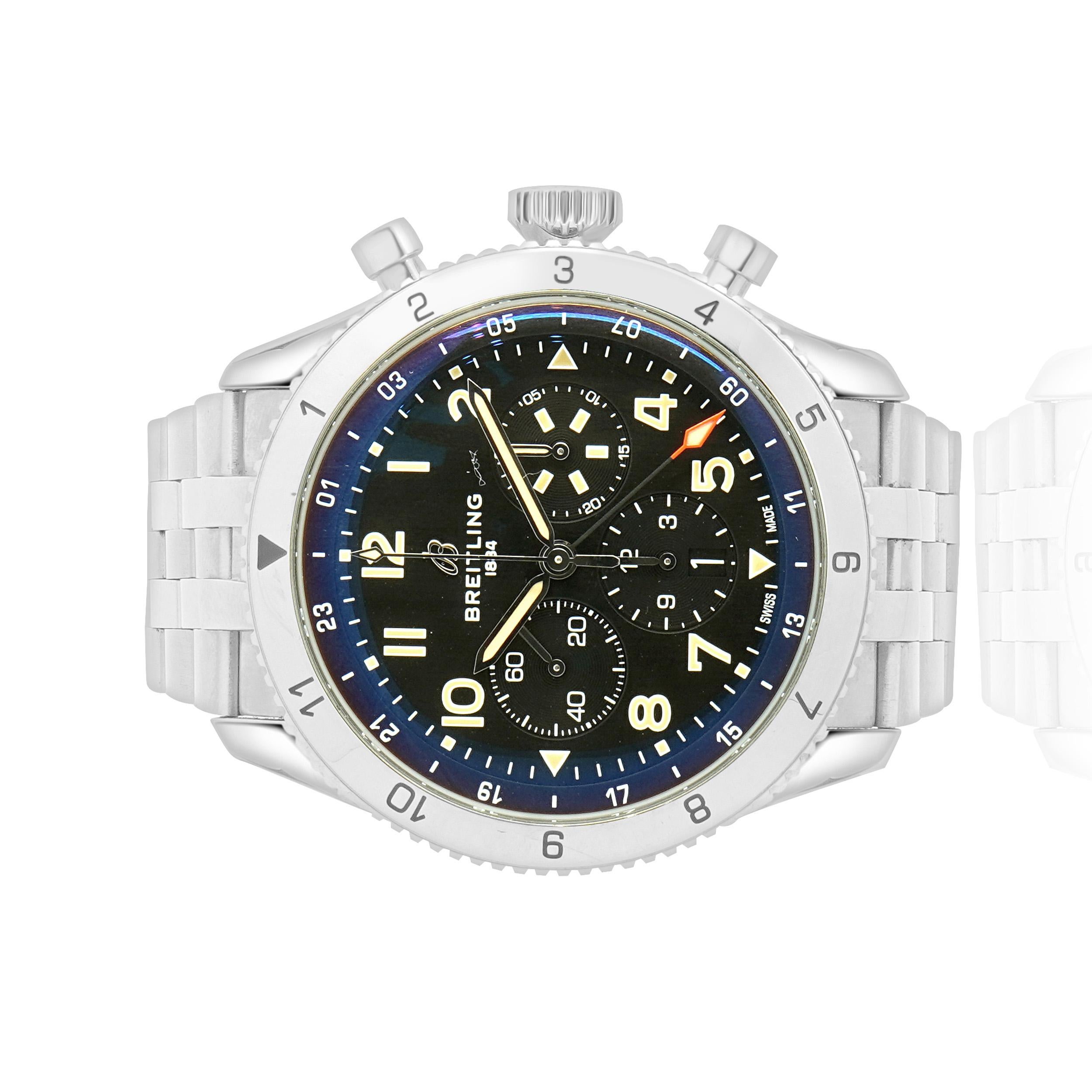 Designer: Breitling
Movimento: automatico
Funzione: ore, minuti, secondi, data, cronografo, GMT
Cassa: 46 mm in acciaio inossidabile, lunetta GMT
Quadrante: nero, arabo, cronografo
Fascia: acciaio inossidabile, deployante
Riferimento: AB0XXX
Numero
