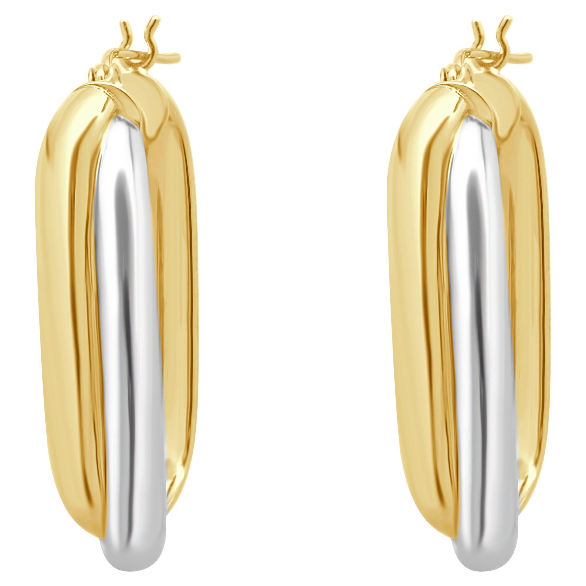 14 Karat zweifarbige doppelte ovale Reif-Ohrringe im Angebot