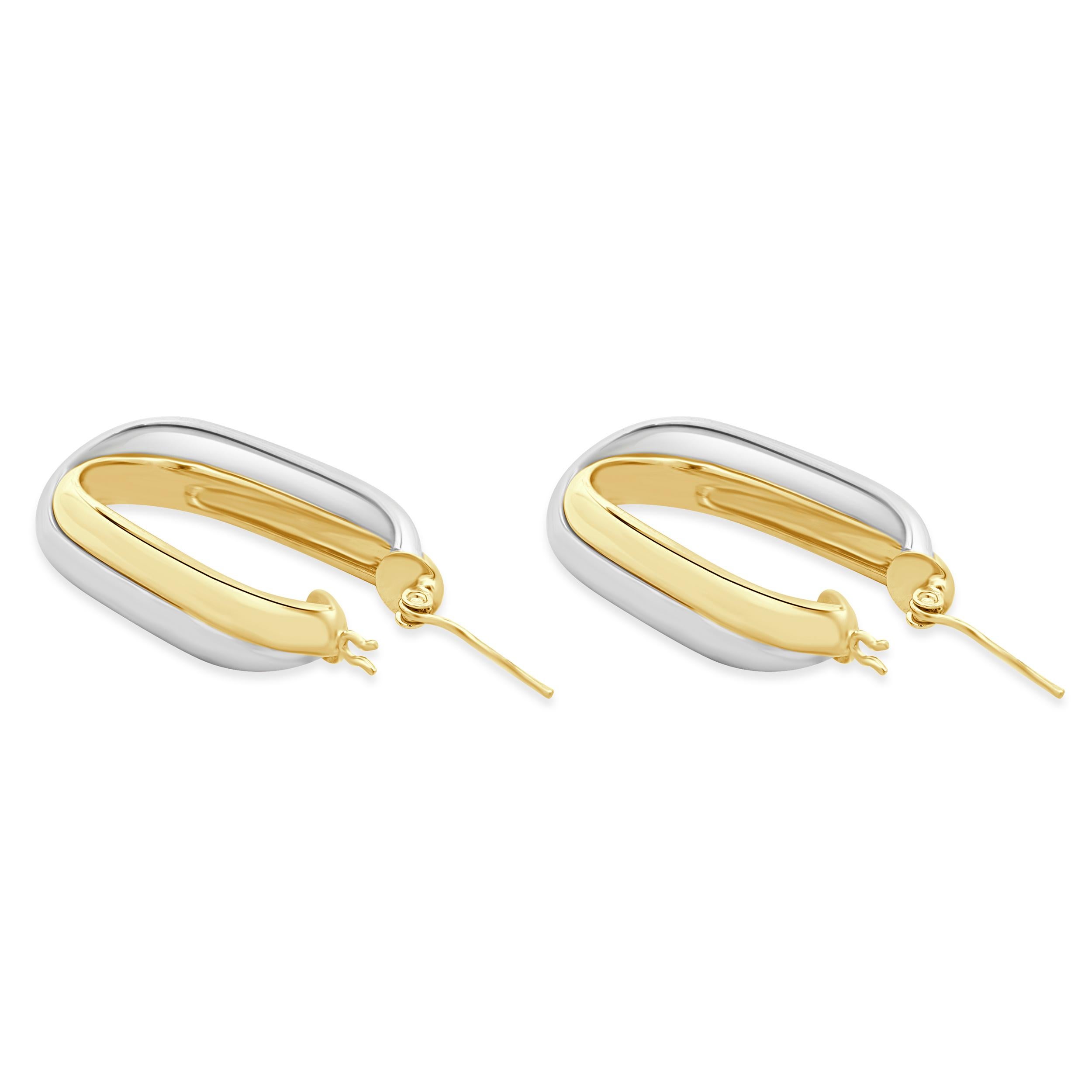14 Karat zweifarbige doppelte ovale Reif-Ohrringe Damen im Angebot