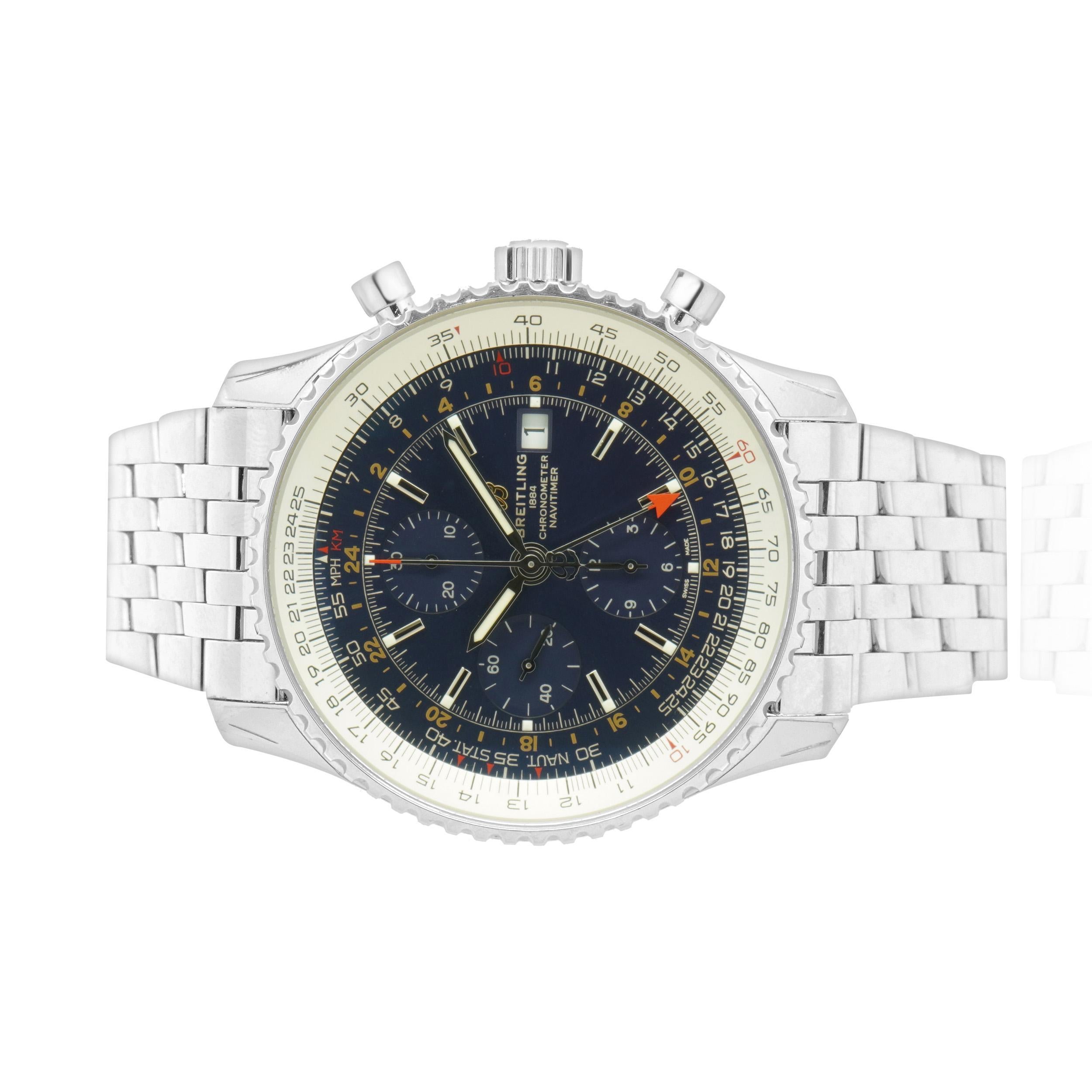 Movimiento: automático
Función: horas, minutos, segundos, fecha, cronógrafo
Caja: redonda de acero inoxidable de 46 mm, bisel taquimétrico giratorio, cristal de zafiro, fondo grabado Breitling, corona atornillada
Pulsera: acero inoxidable, cierre