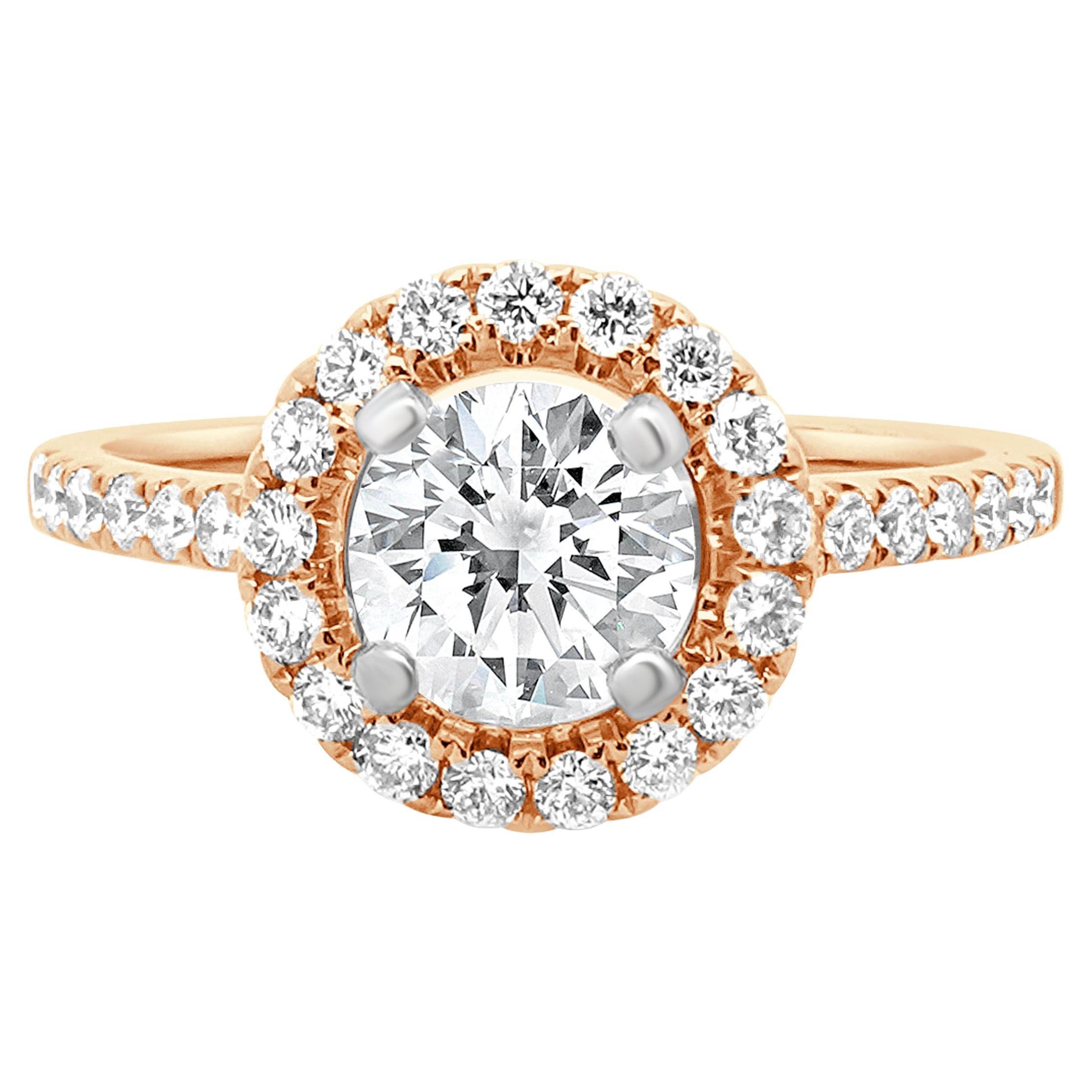 Bague de fiançailles en or rose 14 carats avec diamant rond taillé en brillant