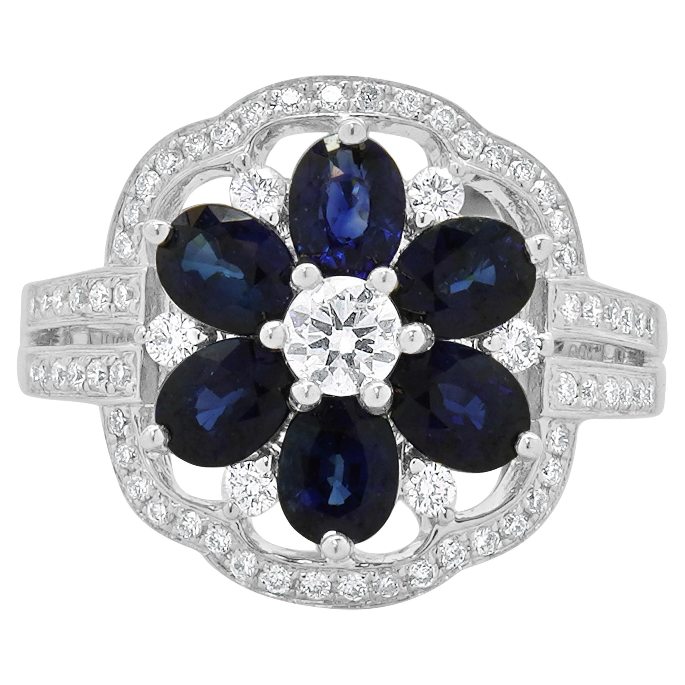 Bague fleur en or blanc 14K saphir et diamant